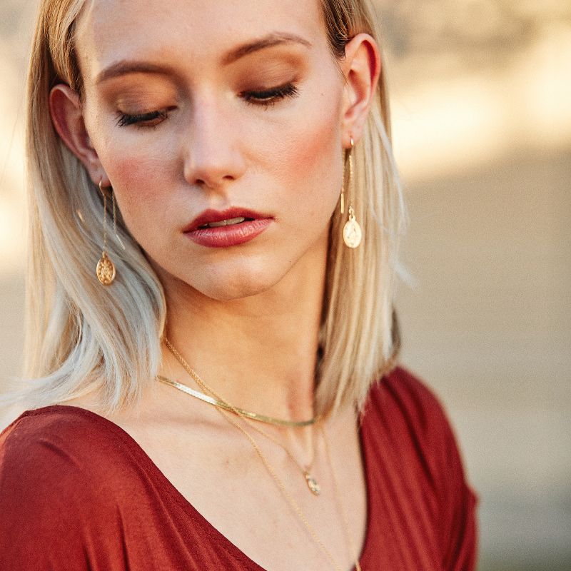 Sanctuary Project Dainty Oval Saint Medallion Coin Threader Drop Earrings Gold
