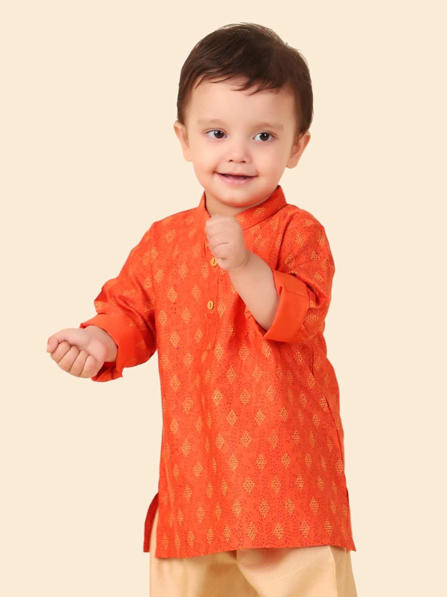 Fabindia Kids Orange Printed Full Sleeves Kurta