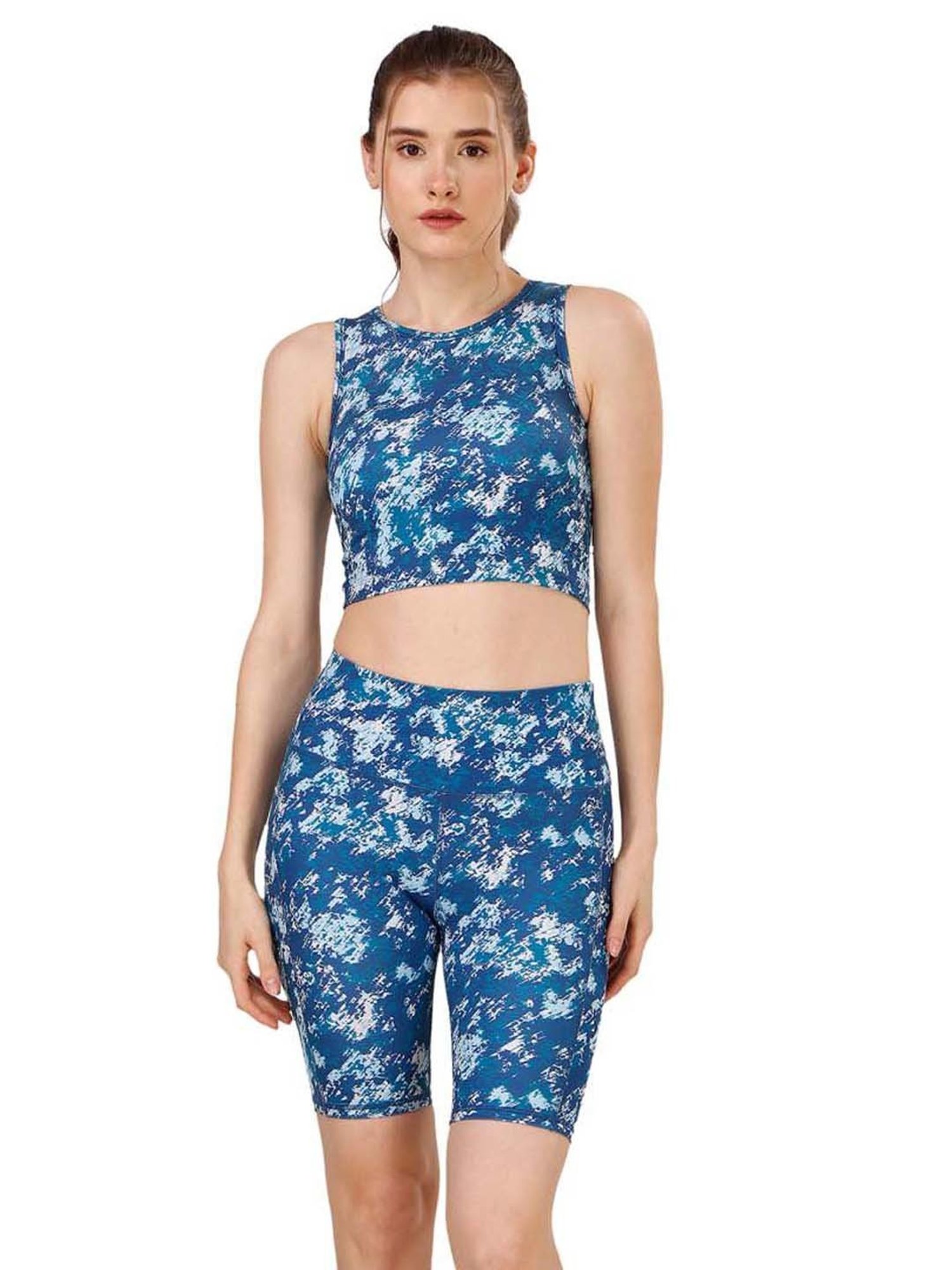 Soie Blue Printed Sports Crop Top Shorts Set
