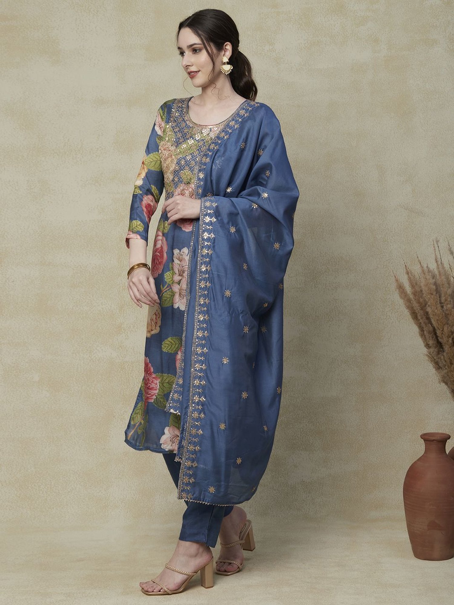 Fashor Blue Printed Kurta Pant Set With Dupatta