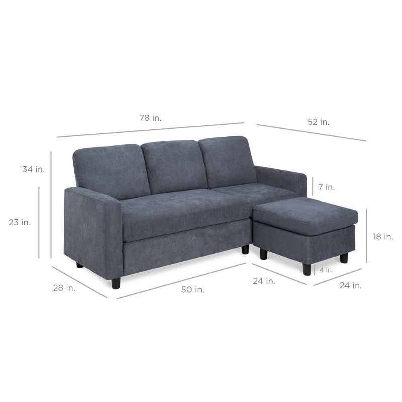 Best Choice Products Linen Sectional Sofa Couch w/ Chaise Lounge, 3-Seat Design, Reversible Ottoman Bench - Blue/Gray
