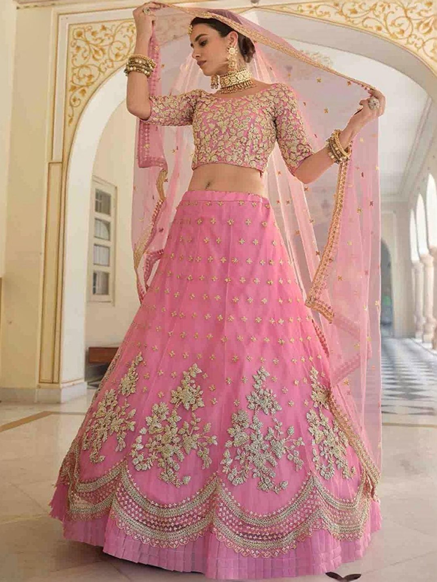 Odette Pink Embroidered Lehenga Choli Set With Dupatta