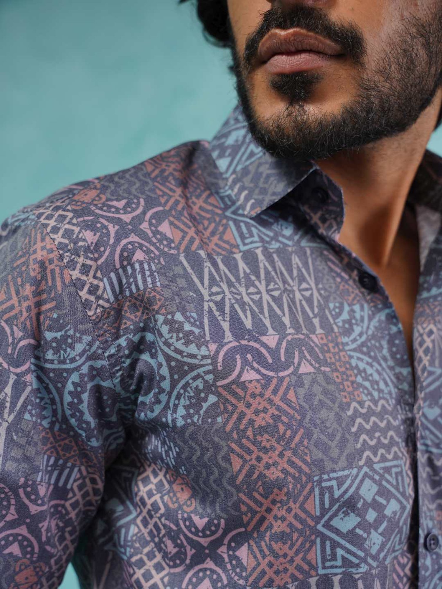 Indian Needle Grey Cotton Regular Fit Printed Shirt