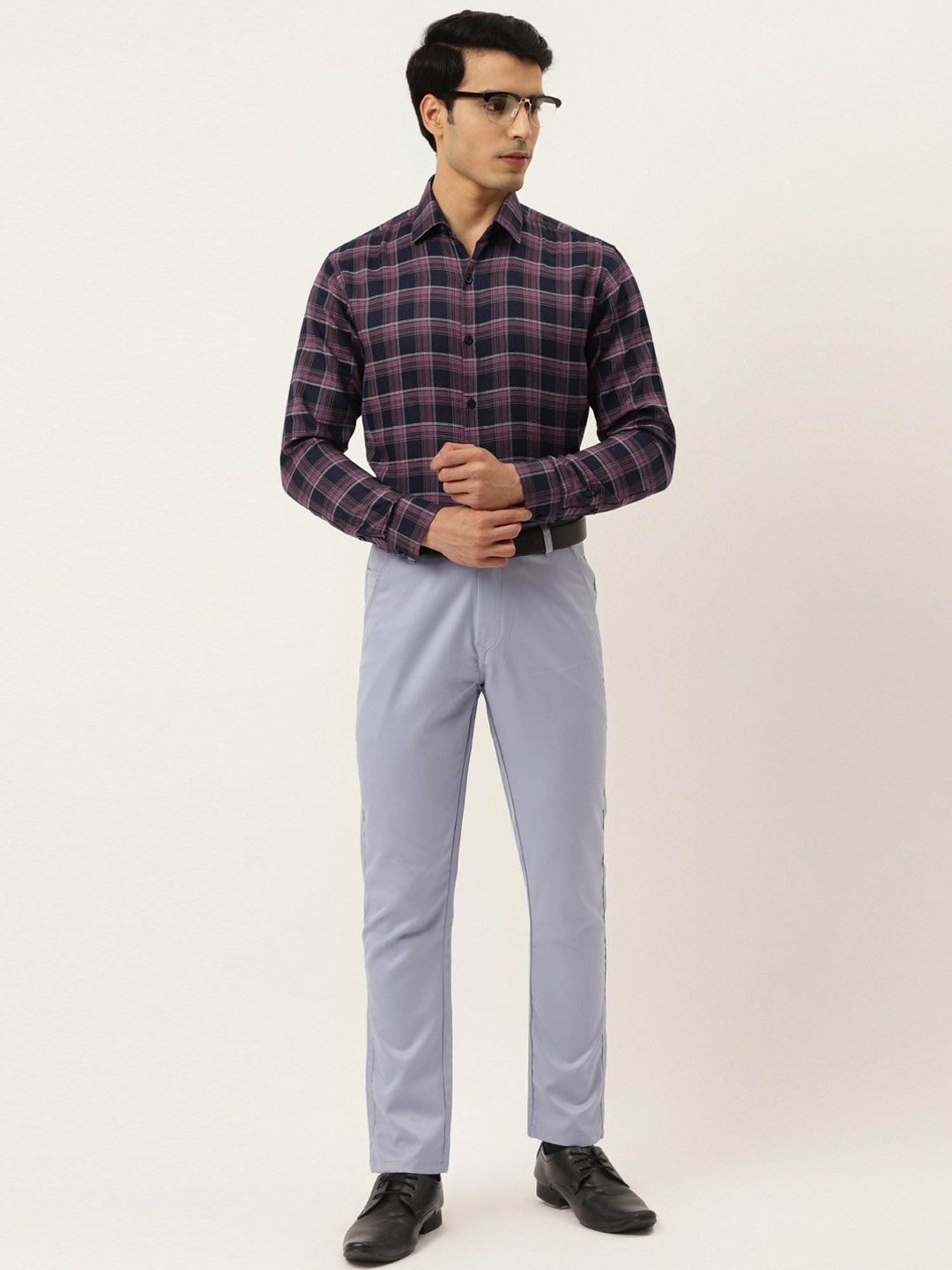 Jainish Navy & Pink Cotton Regular Fit Checks Shirt