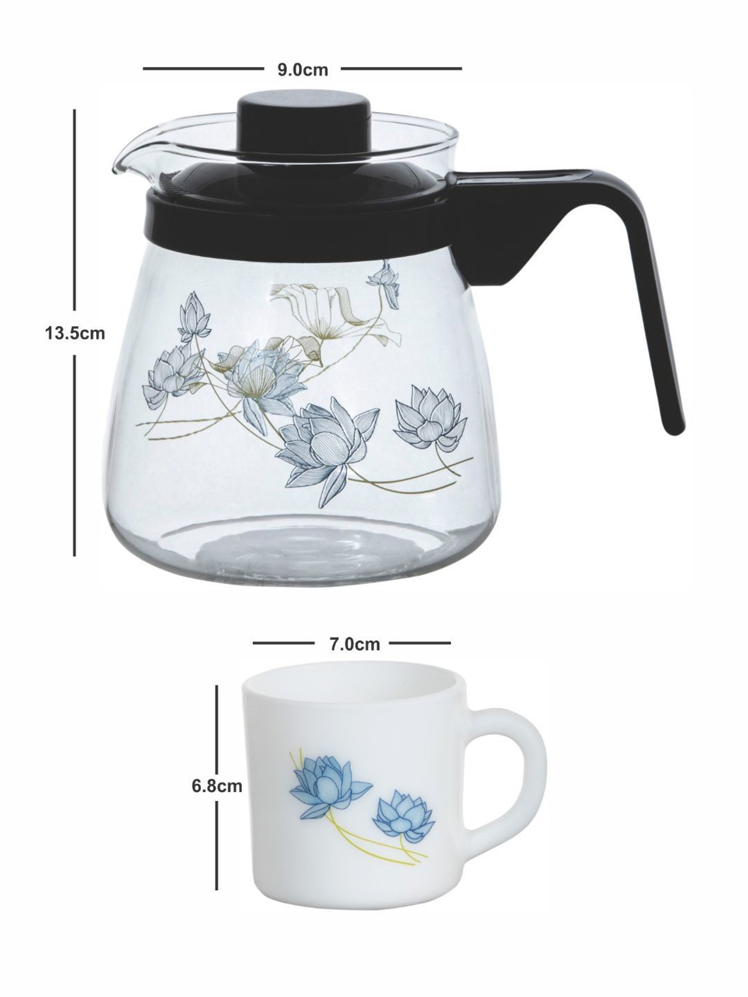 Cello Floral Multicolor Opalware Tea Set - Set of 6 Cups (180ml) & 1 Tea Pot (750ml)