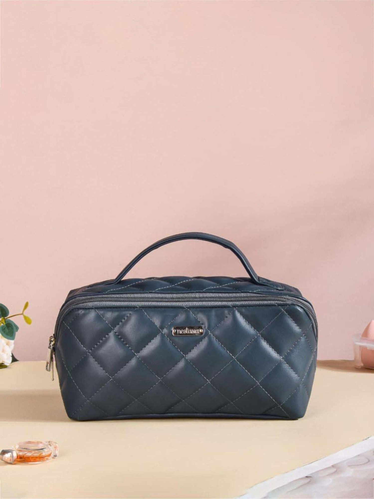 Nestasia Quilted Vegan Leather Blue Color Diagonal Zipper Cosmetic Bag with Multiple Pockets
