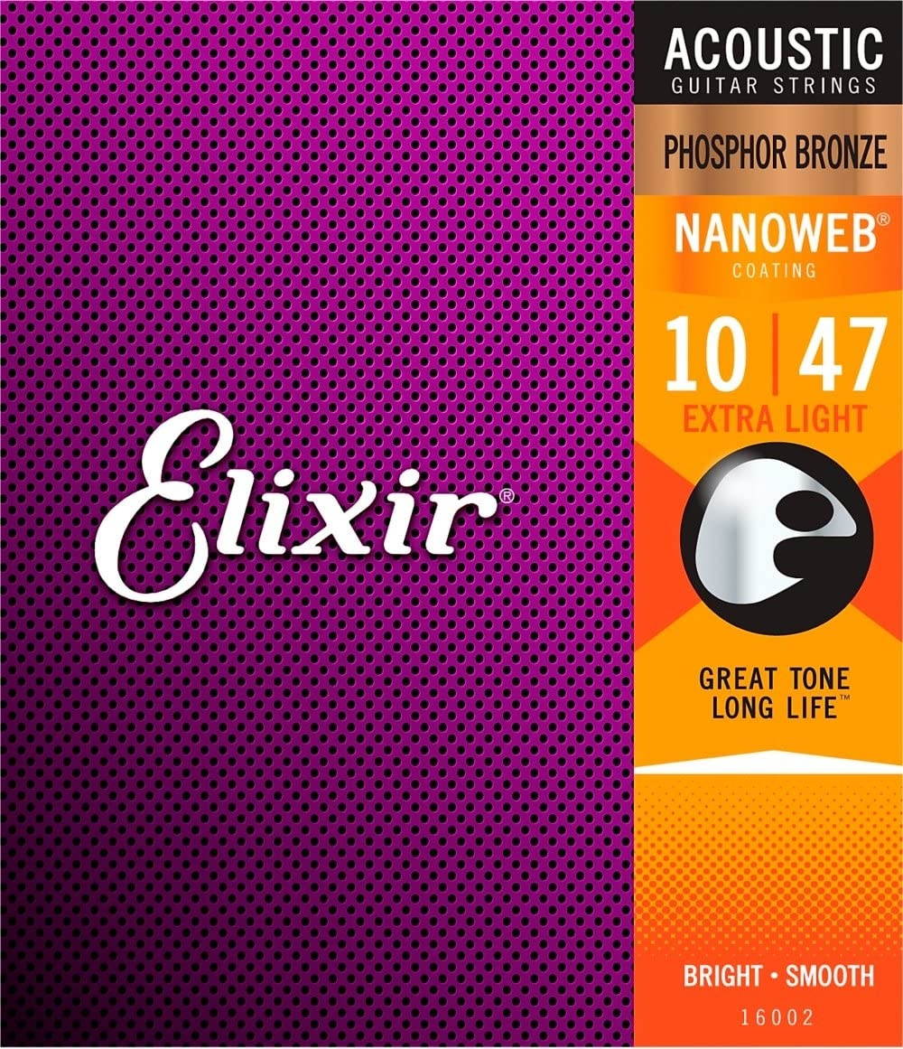 Elixir 16002 Phosphor Bronze Ultra Thin NanoWeb Extra Light Acoustic Guitar Strings (10