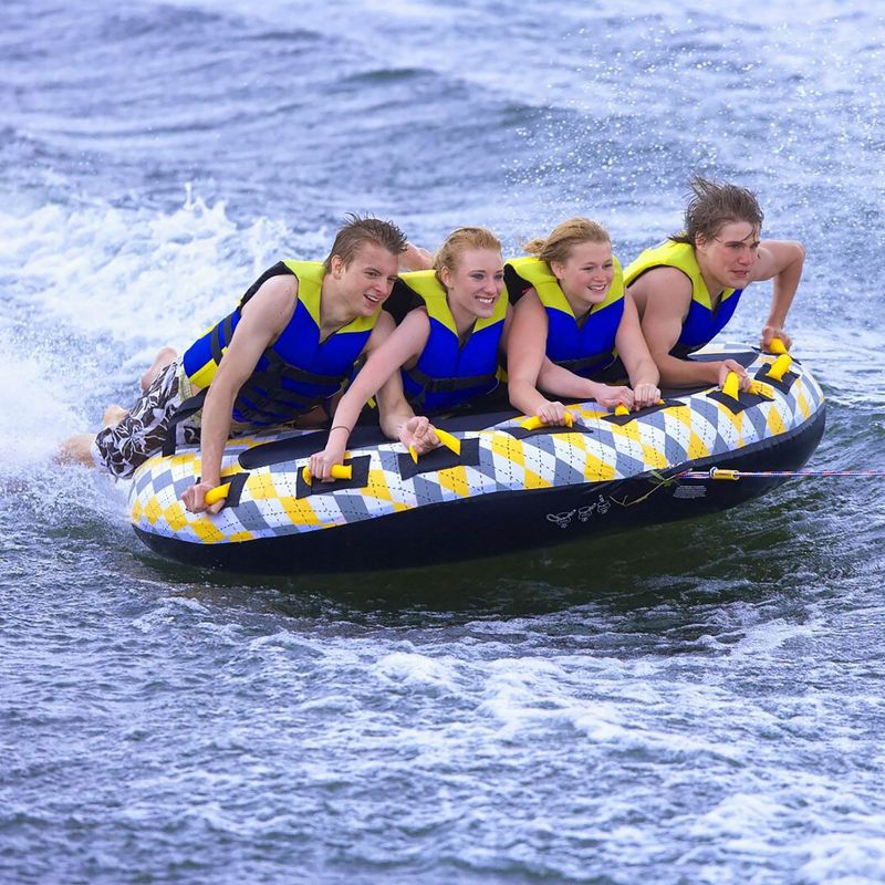 Rave Sports 02408 Mass Frantic 4 Rider Inflatable Lake Towable Boat Tube Float with Foam Handles, EVA Knuckle Guards, and Anti Chafe Guard