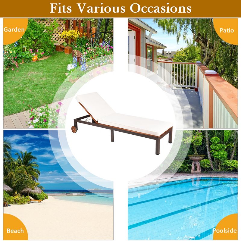 Costway 2PCS Patio Acacia Wood Lounge Chair Chaise Recliner Adjustable Backrest Cushion