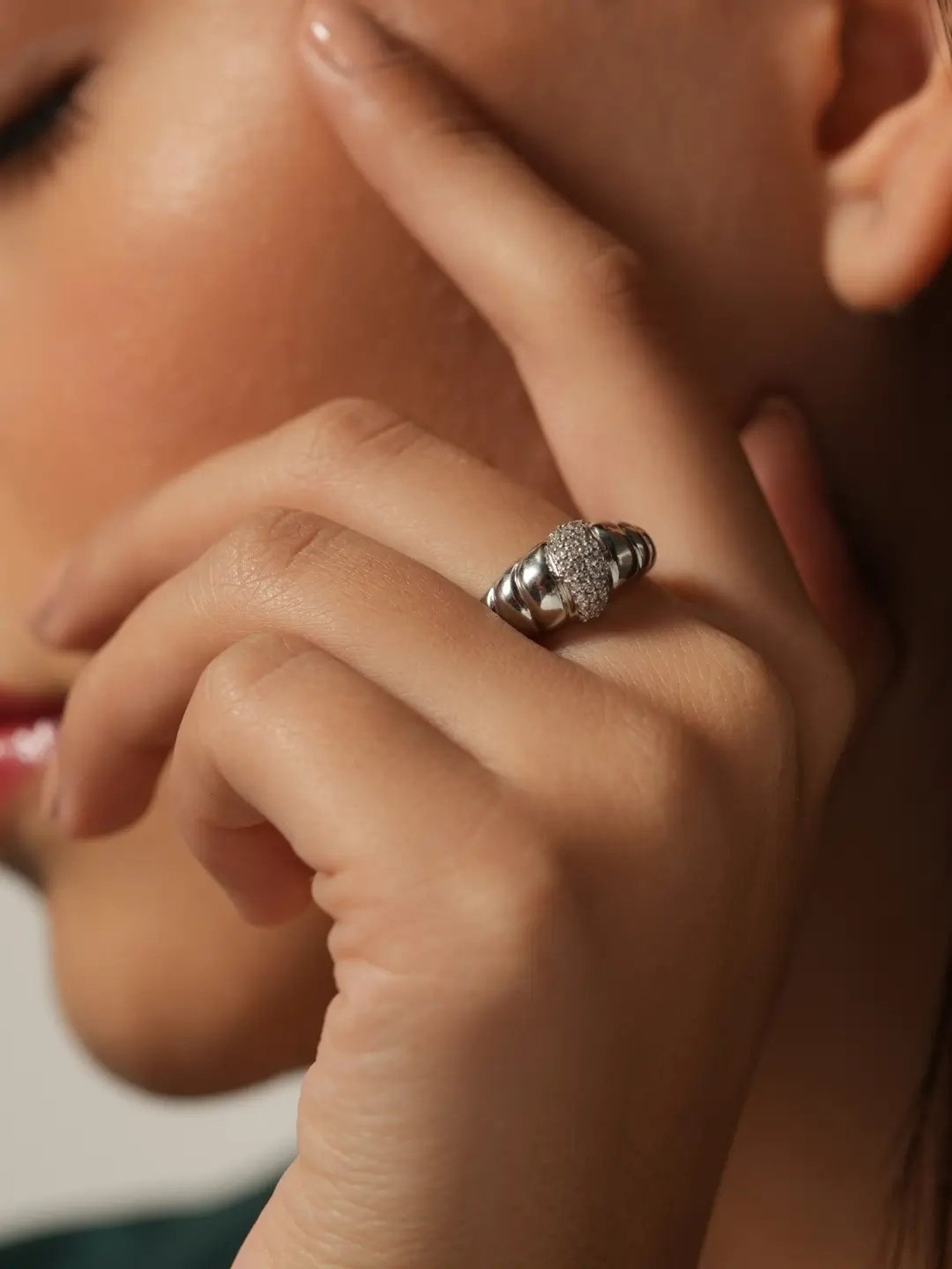 Mabel 92.5 Sterling Silver Rhodium-Plated Studded Croissant Adjustable Ring