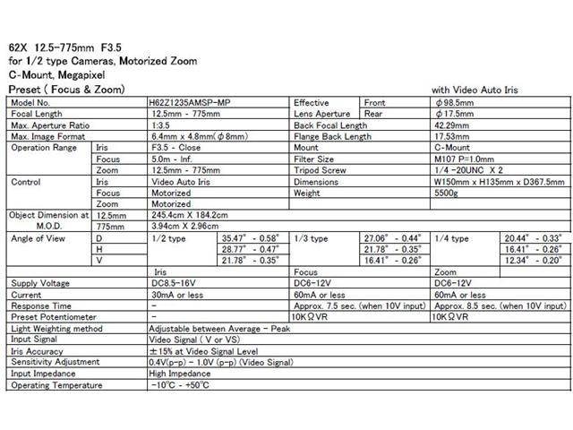Computar Ganz High Quality CCTV Camera Lens H62Z1235AMSP-MP 1/2" C Mount 12.5-775mm 62X Megapixel Auto Iris Zoom Lens