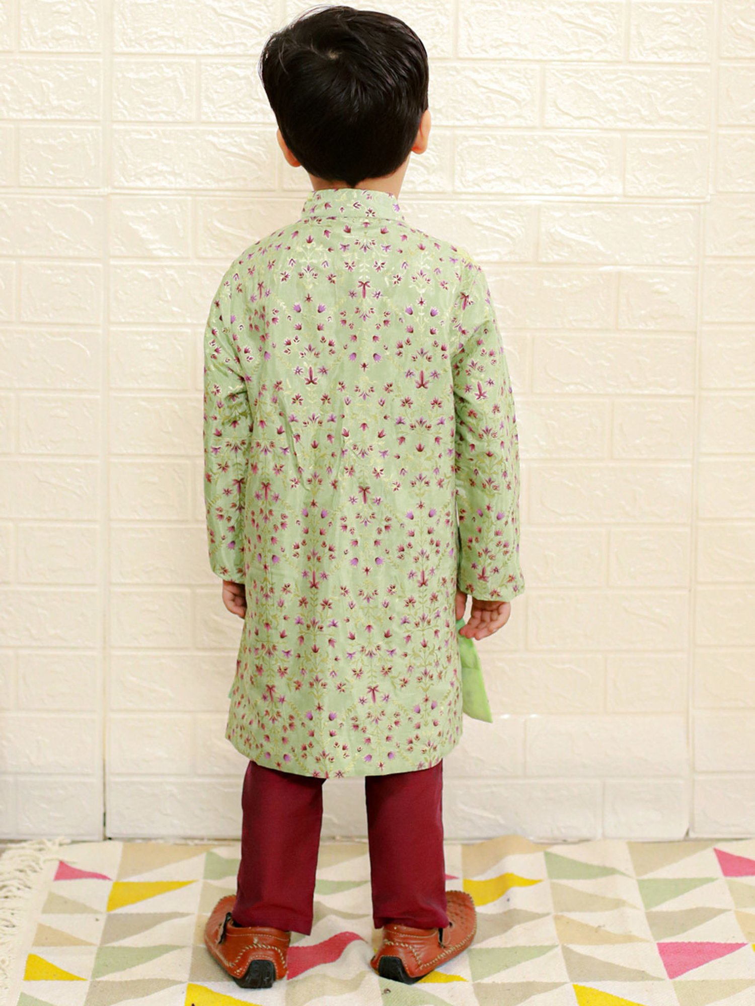 Lil Drama Kids Light Green & Maroon Floral Print Full Sleeves Kurta with Pyjamas