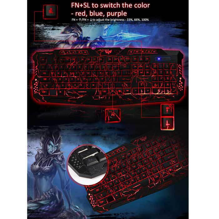 A878 114-Key LED Backlit Wired USB Gaming Keyboard with Cracking Pattern Black
