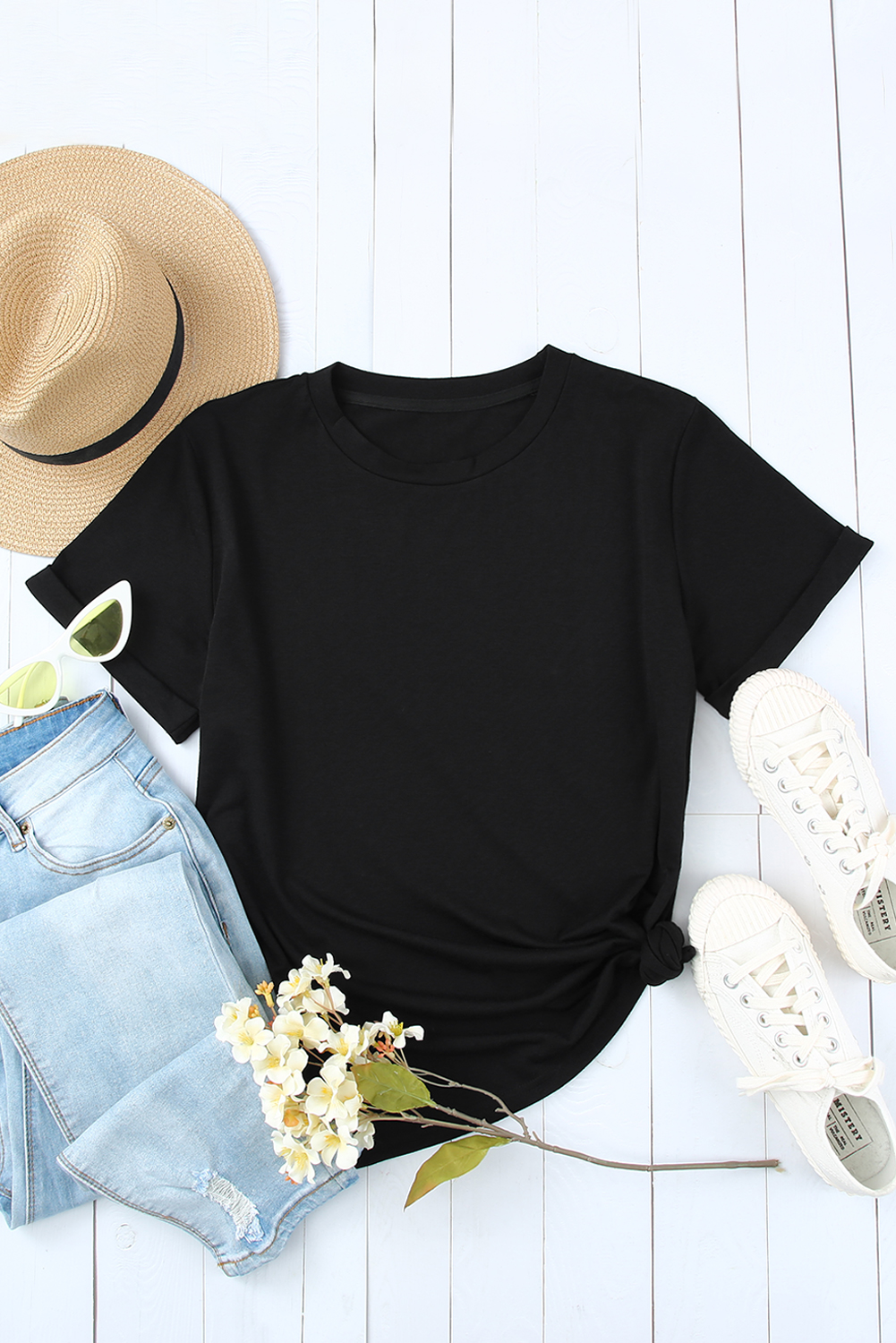 Blank T Shirt - Black Plain Rolled Up Crewneck T-Shirt Customized