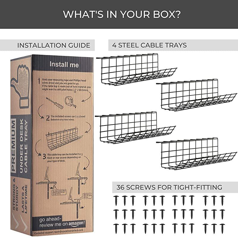 Desk Cable Management Tray Cable Organizer for Wire Management Metal Wire Cable Tray for Office and Home Perfect Standing Desk Cable Management Tray Black Cord Basket Set of 4X 17