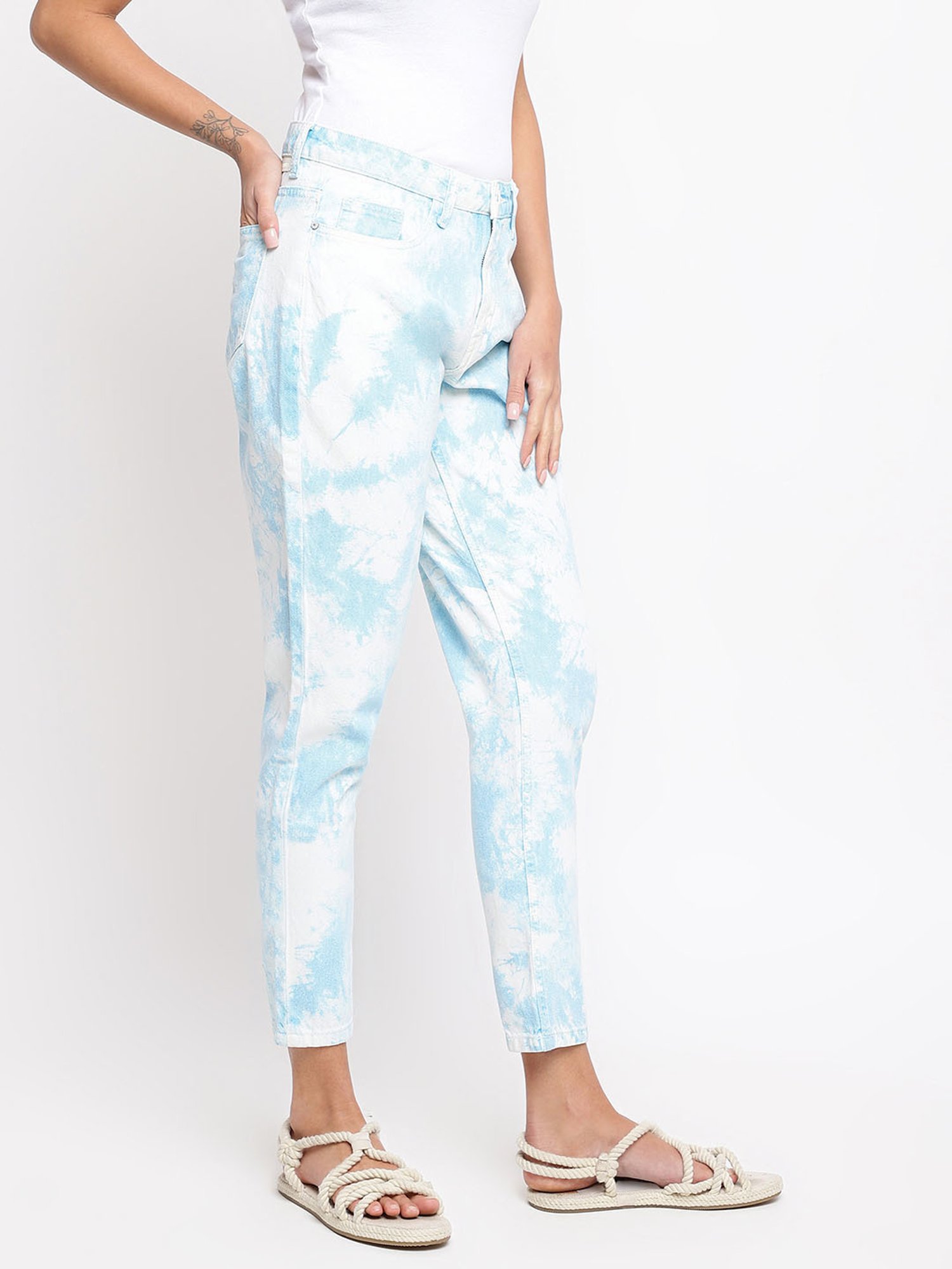 Tales & Stories Sky Blue Cotton Tie - Dye Mom Fit Jeans
