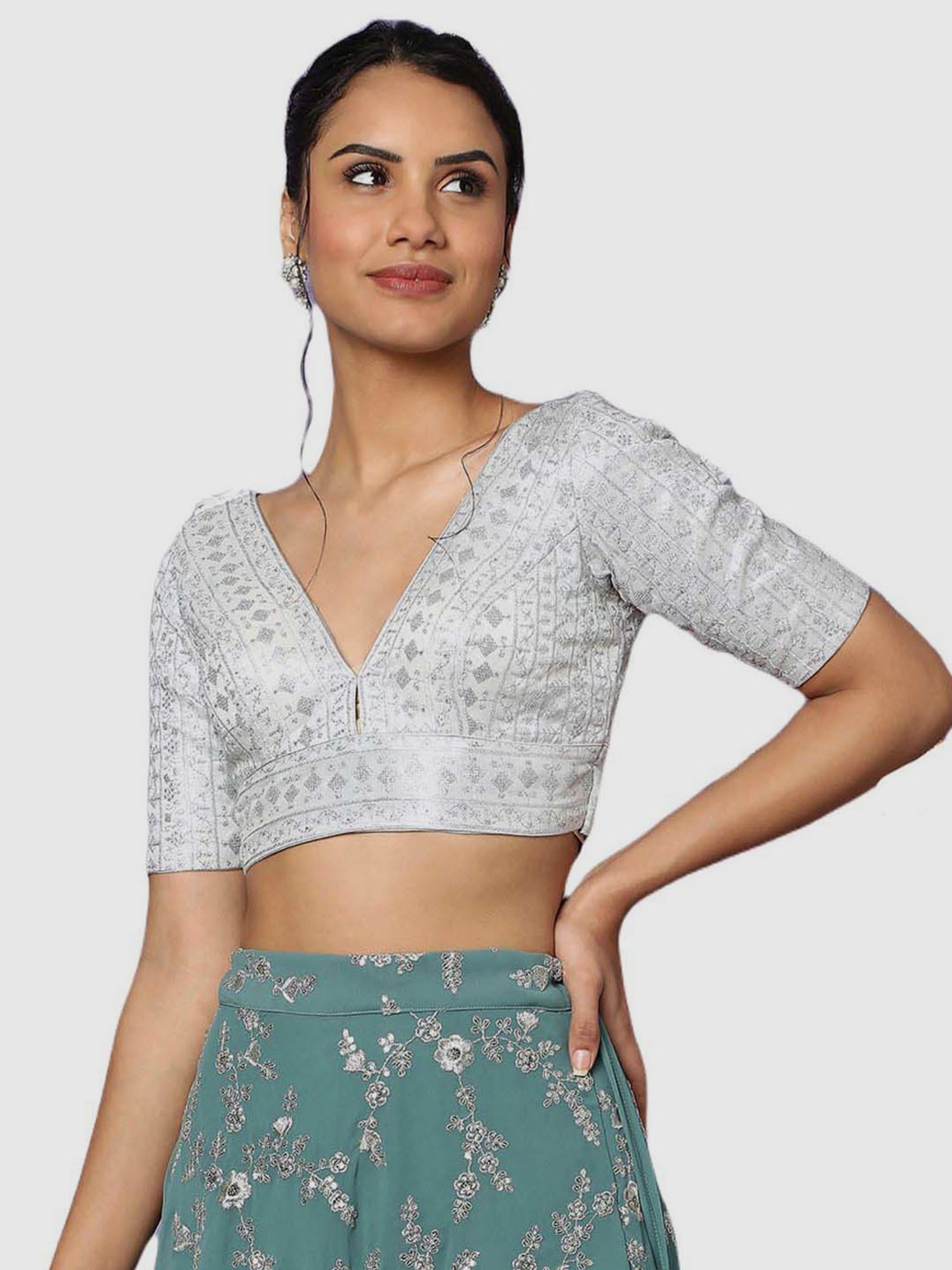 Salwar Studio Silver Embroidered Readymade Blouse