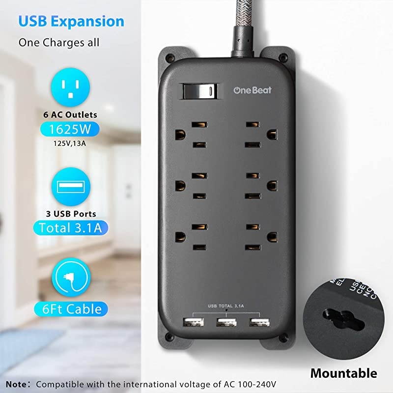 6 Outlets Power Strip with 3 USB (3.1A,15W),  Wall Mountable Power Strip Flat Plug with 6Ft Braided Extension Cord, Overload Protection for Travel Desk Office Home Cruise Ship