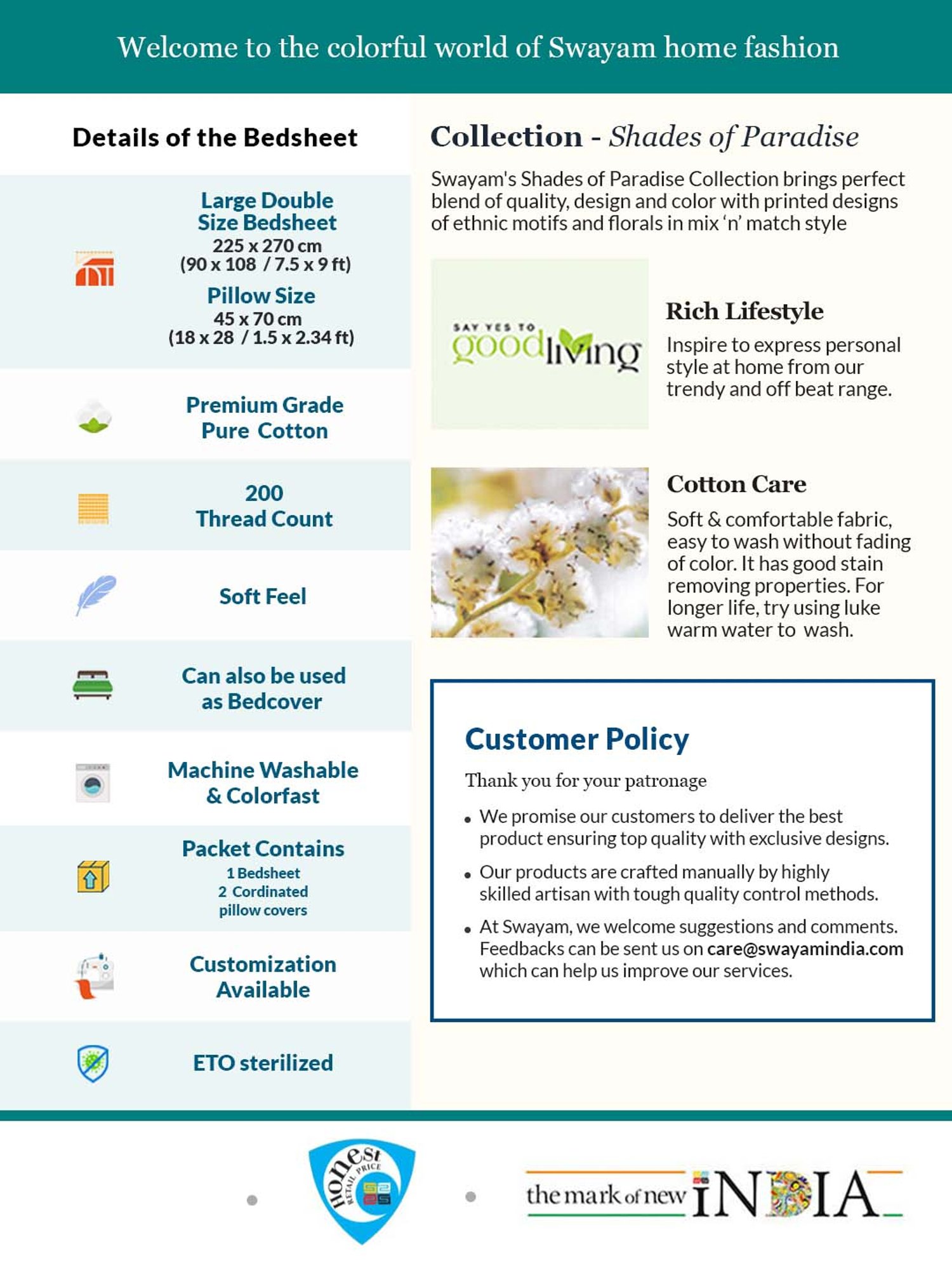 Swayam Blue & White Cotton 200 TC, 1 Double Bedsheet With 2 Pillow Cover