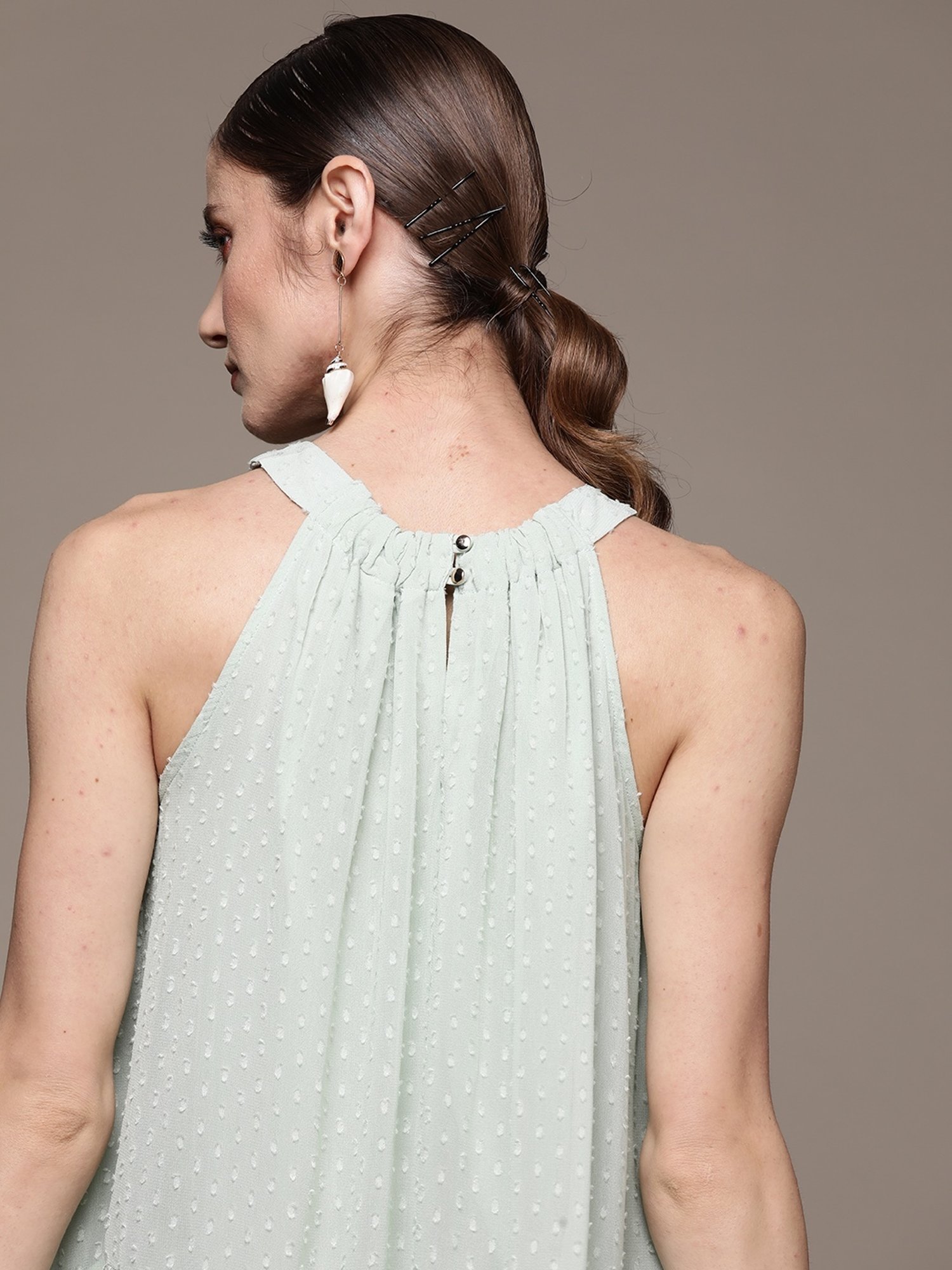 Label Ritu Kumar Mint Georgette Solid Halter Top