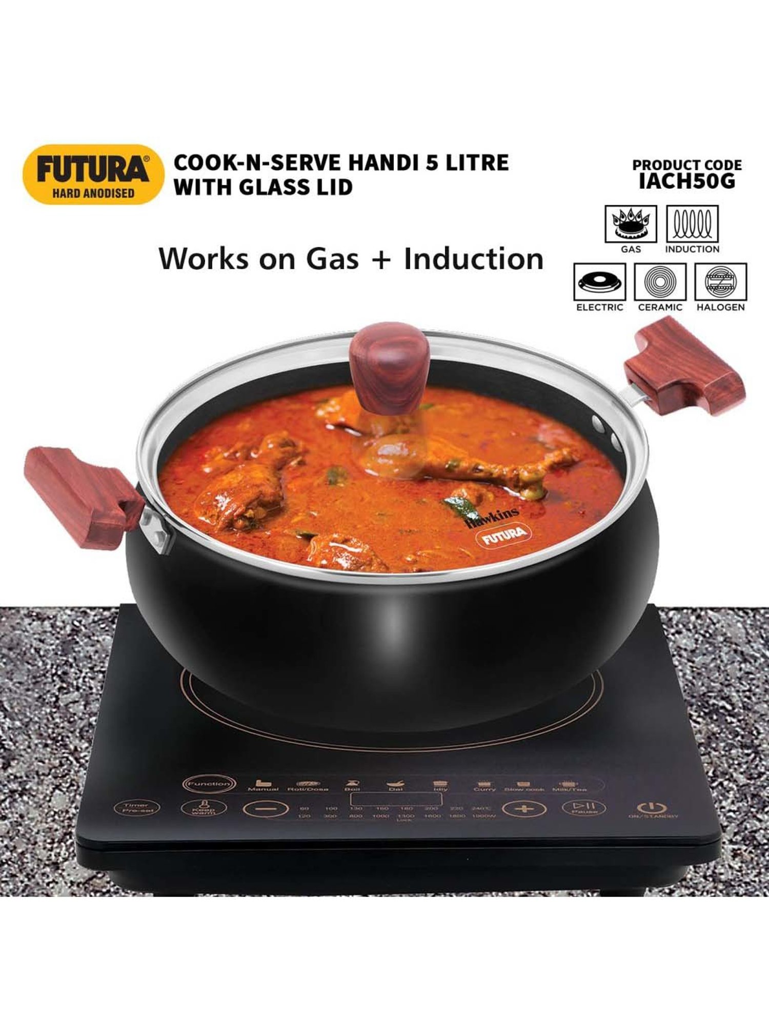 Hawkins Black Aluminium Induction Futura Hard Anodised Biryani Handi Pan With Glass Lid (5 L)