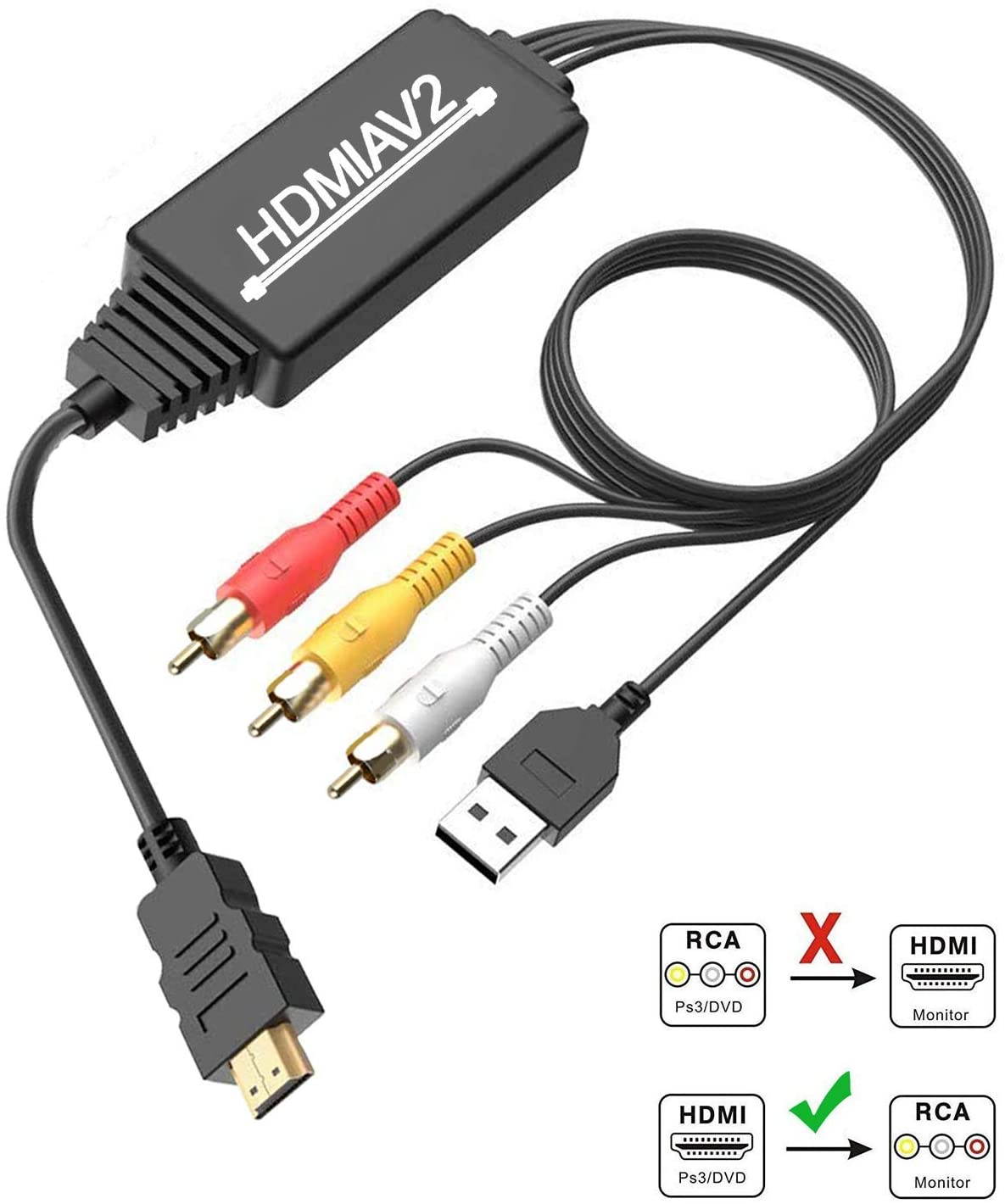 HDMI to RCA, HDMI to RCA Converter Adapter, 1080P HDMI to AV 3RCA CVBs Composite Video Audio Supports NTSC for PC, Laptop, HDTV, DVD, VHC VCR
