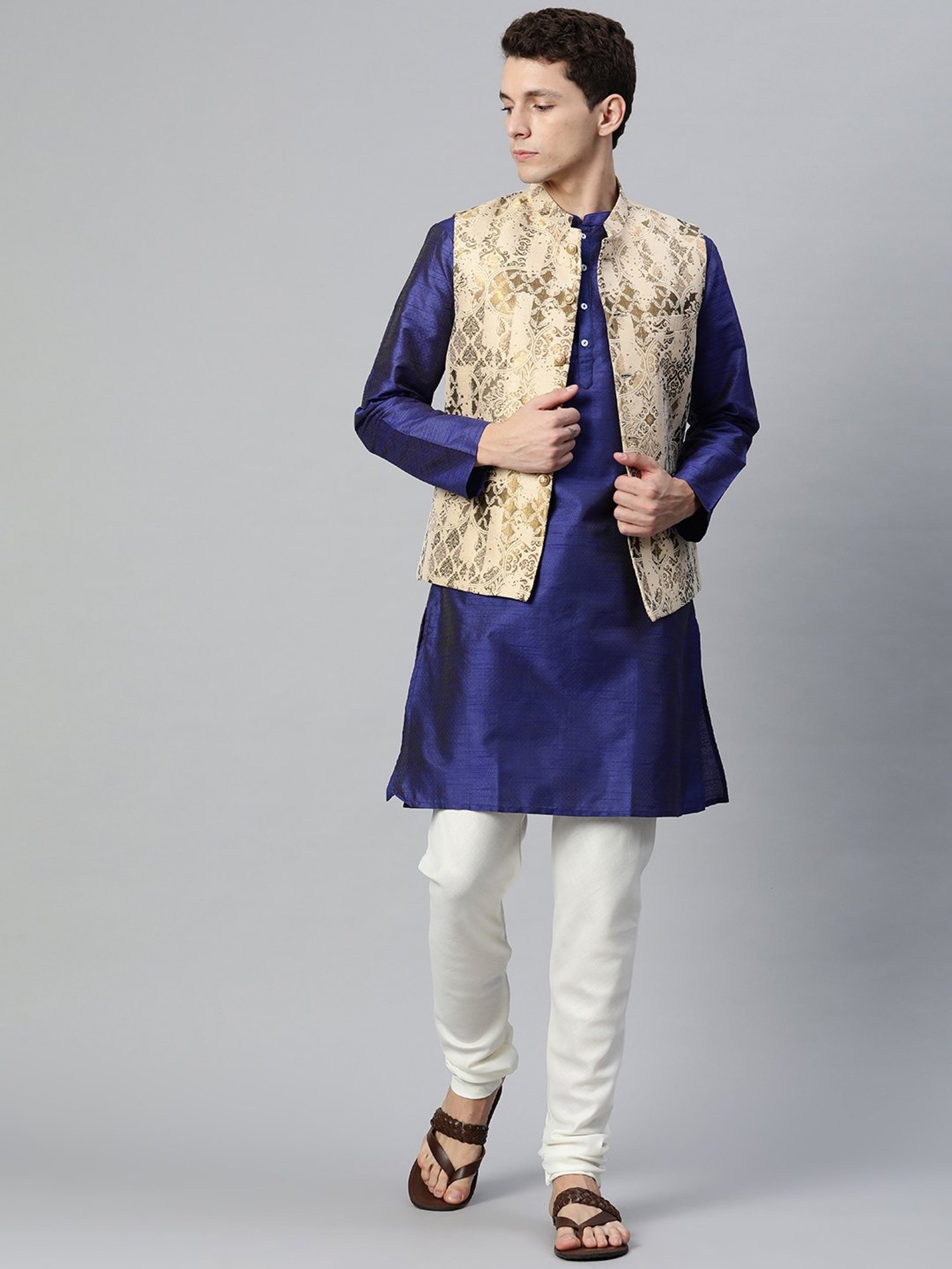 ManQ Beige Slim Fit Nehru Jacket