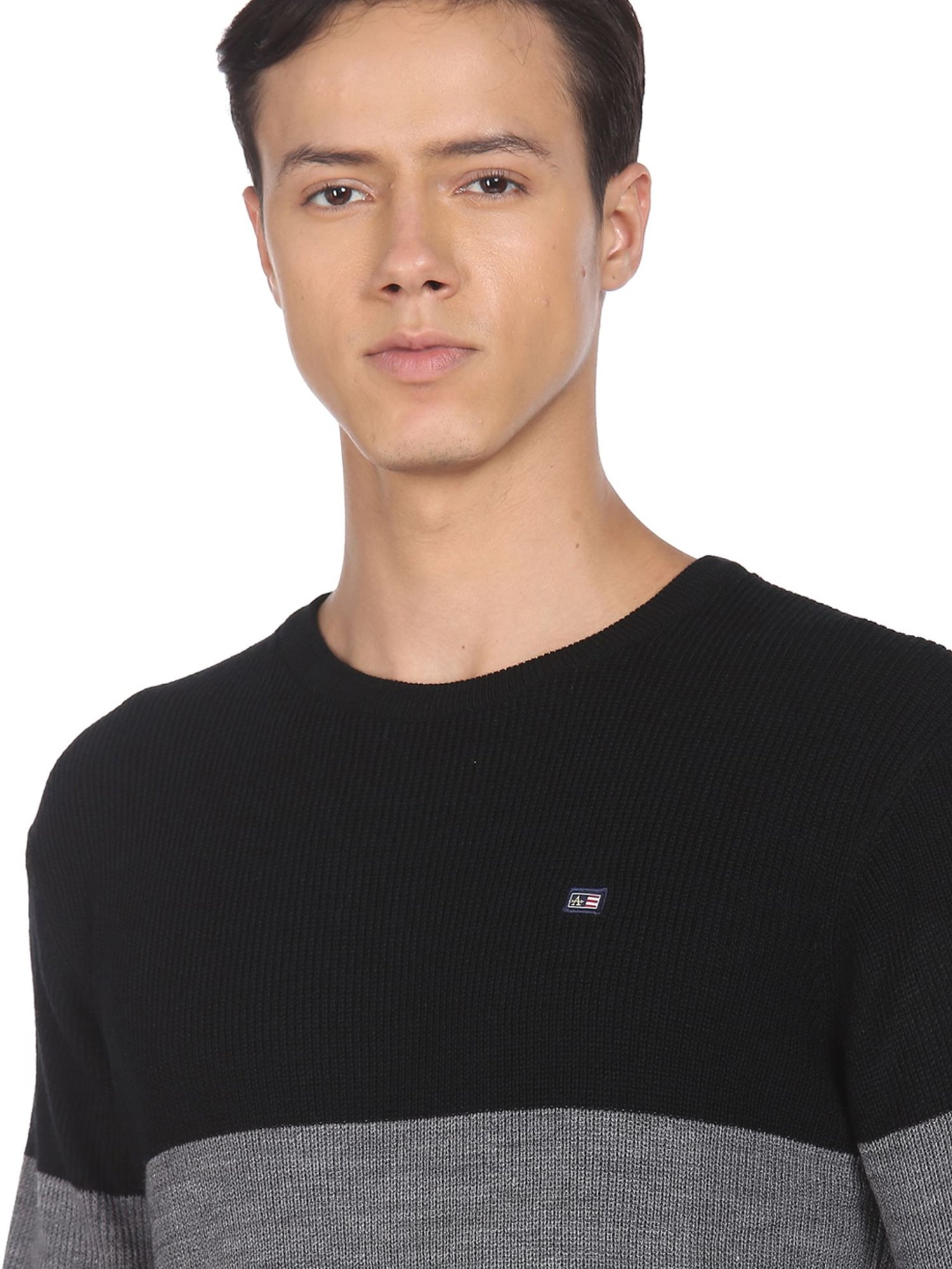 Arrow Sport Black & Grey Regular Fit Colour Block Sweater
