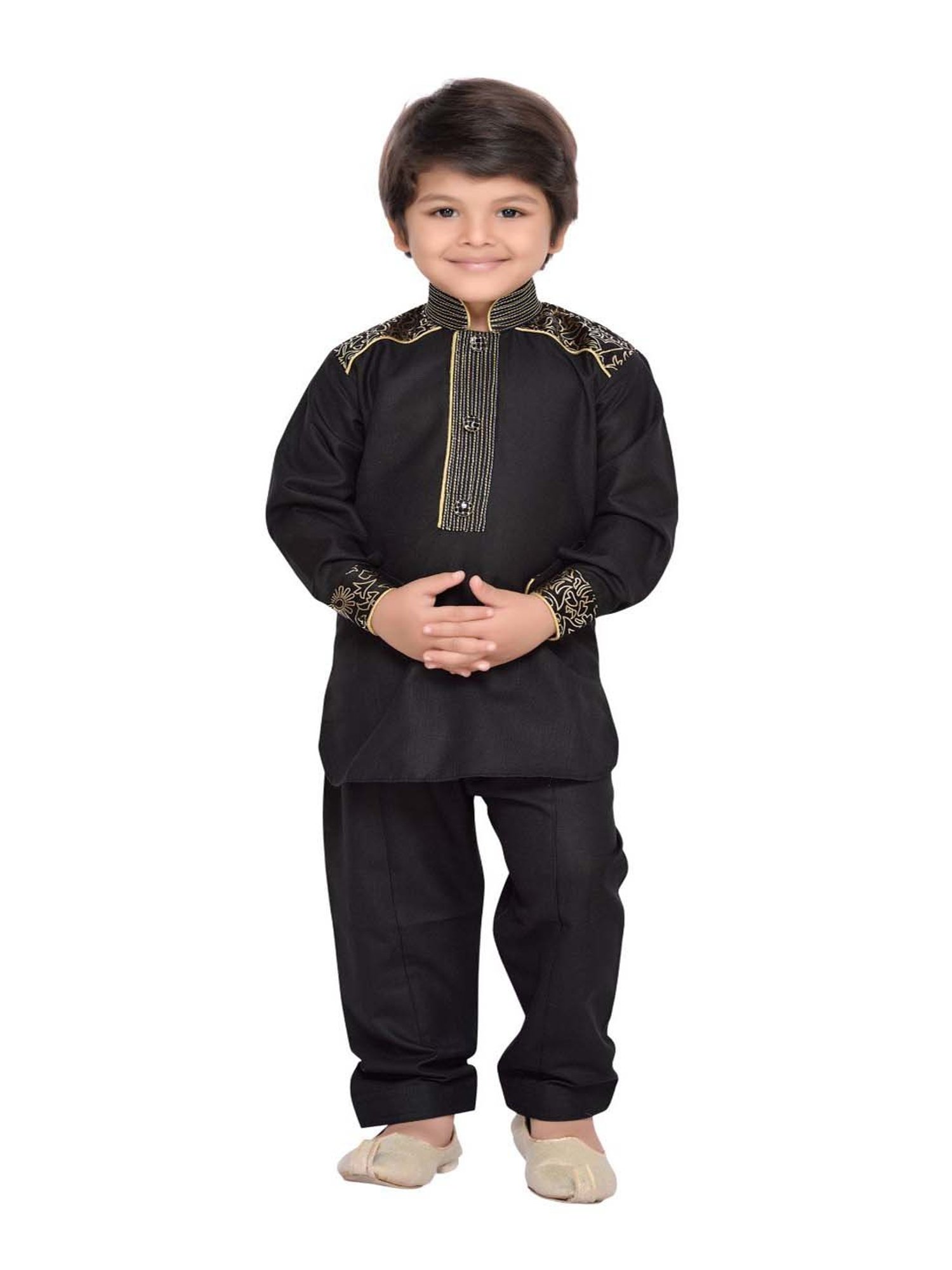AJ Dezines Kids Black Cotton Embroidered Full Sleeves Kurta Set