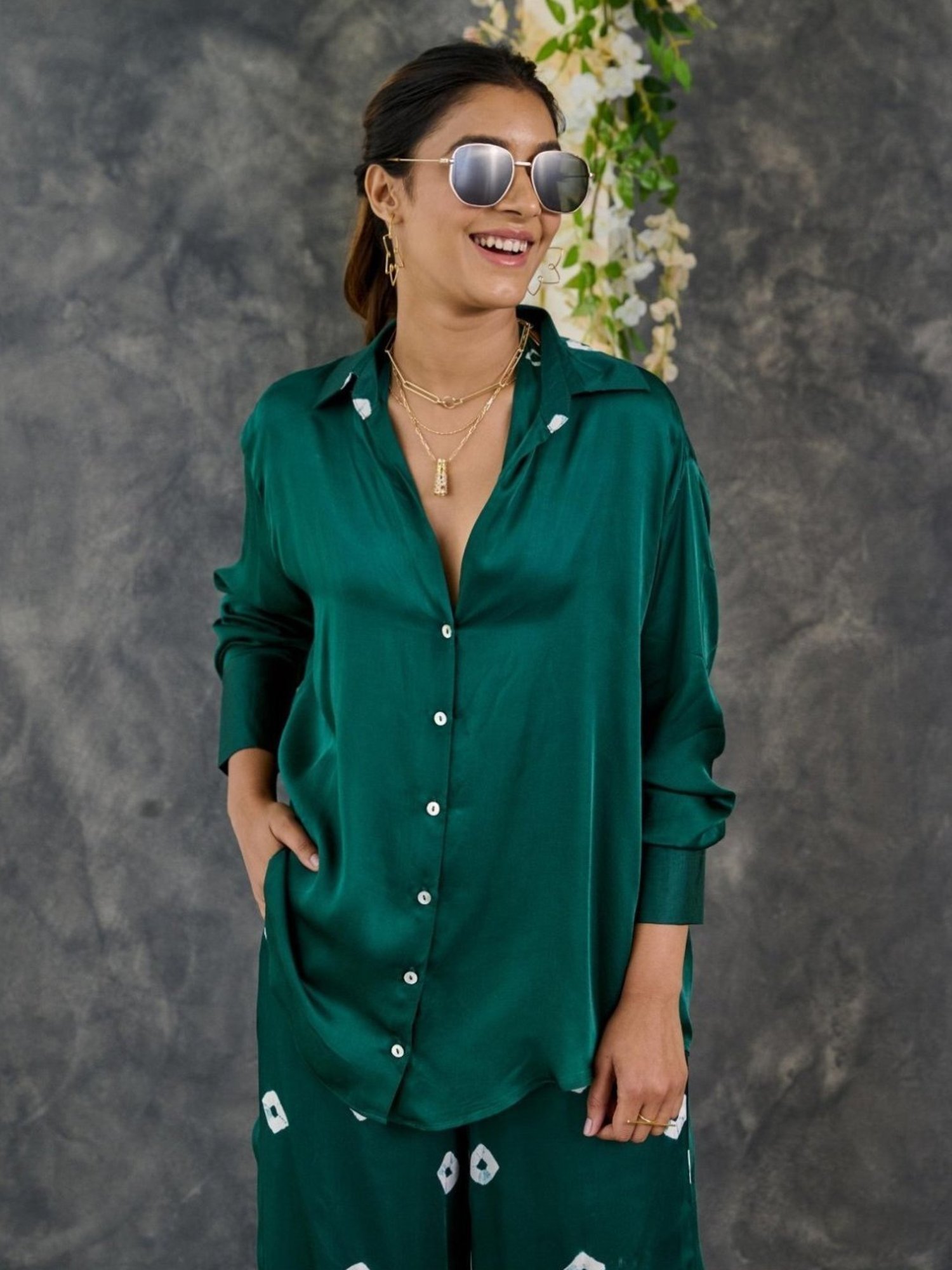 Gulaal Green Bandhani Modal Satin Shirt with Pant