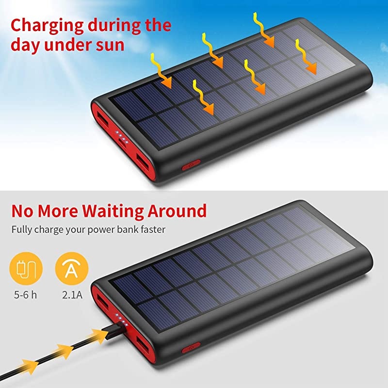 Solar Charger 26800mAh, Outdoor Power Bank,High Capacity External Backup Battery Pack with 4 LED Lights,Dual USB Ports Charging for Cellphones Tablets,iPad,GoPro Camera and More