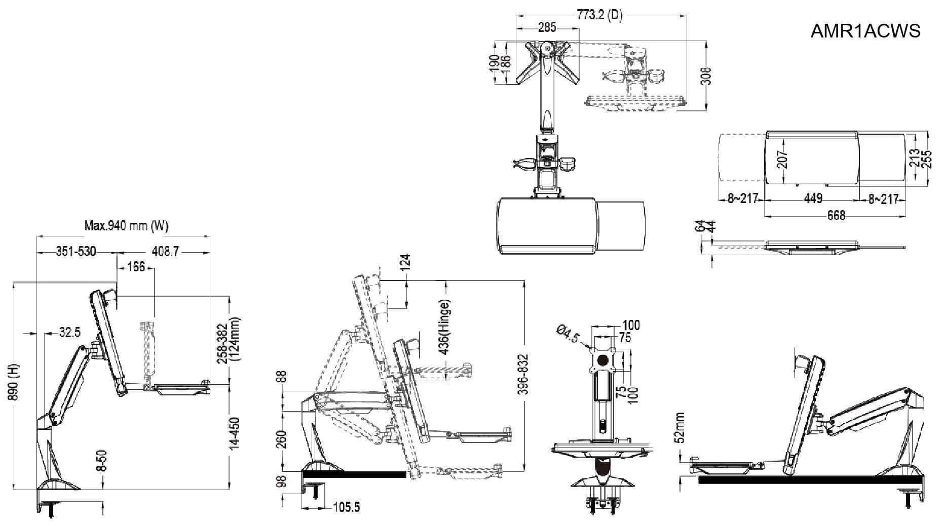 Sit Stand Articulating Arm Clamp Mount. Foldable keyboard tray and retractable mouse pad. Built in holders for Mouse and scanner. Separate monitor adjustments. Supports 24" monitors