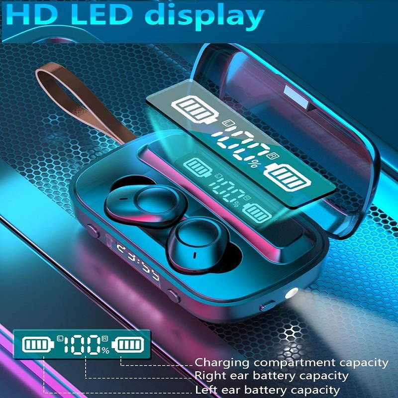 True Wireless Earbuds Bluetooth 5.0 Headphones, IPX7 Waterproof Earphones, HD indicator for battery capacity, integrated with clock and flashight,110H Playtime w/ 3300mAh Charging Case