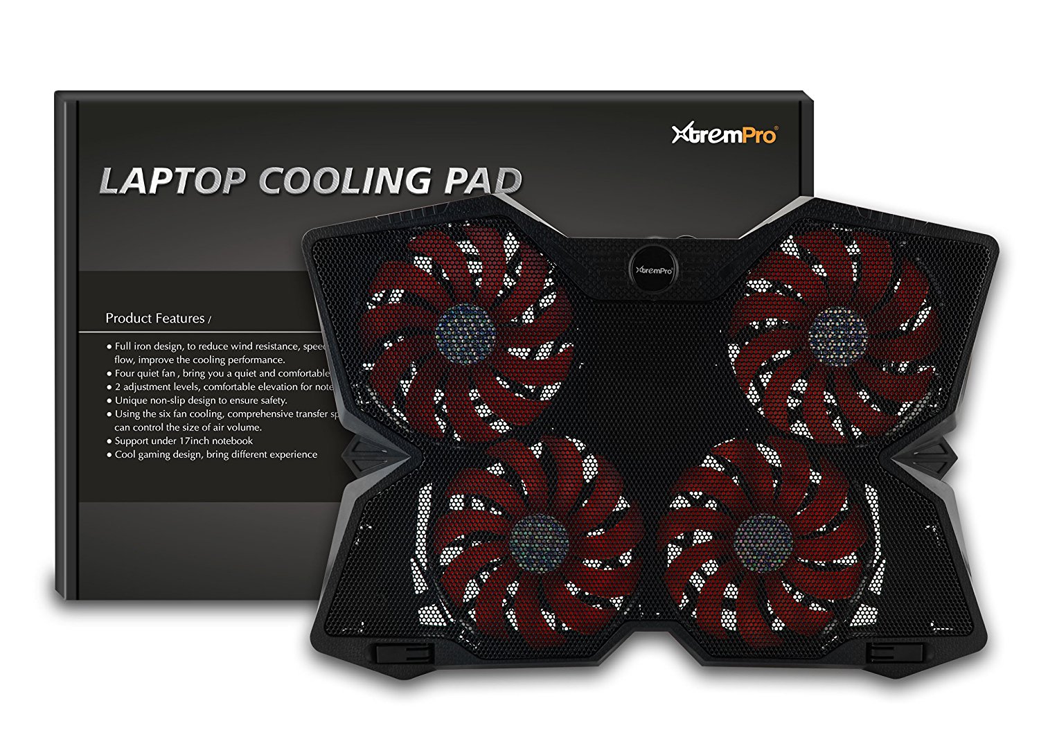 XtremPro Portable Metal Mesh Laptop Cooler Cooling Pad, 4 Quiet Fans w/ Red LED Light, Adjustable Height, Up To 17" inch Notebook, 2 USB Interface w/ Speed Control Switch, non-slip - Black (11148)