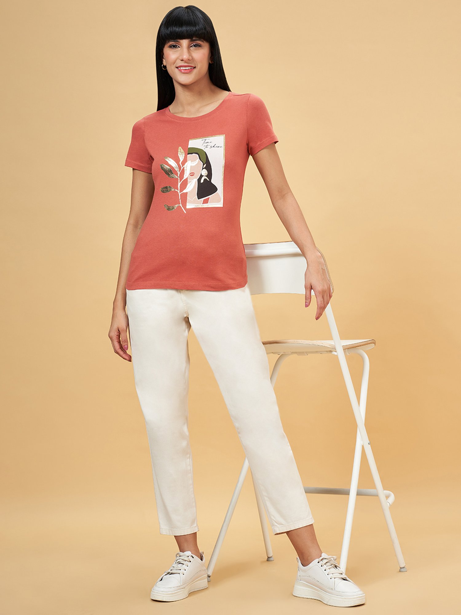 Honey by Pantaloons Rust Cotton Printed T-Shirt
