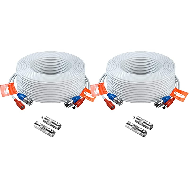2 Pack 100ft 30 Meters 2in1 Video Power Cable BNC Extension Surveillance Camera Cables for Video Security Systems Included 2X BNC Connectors and 2X RCA AdaptersWhite Color