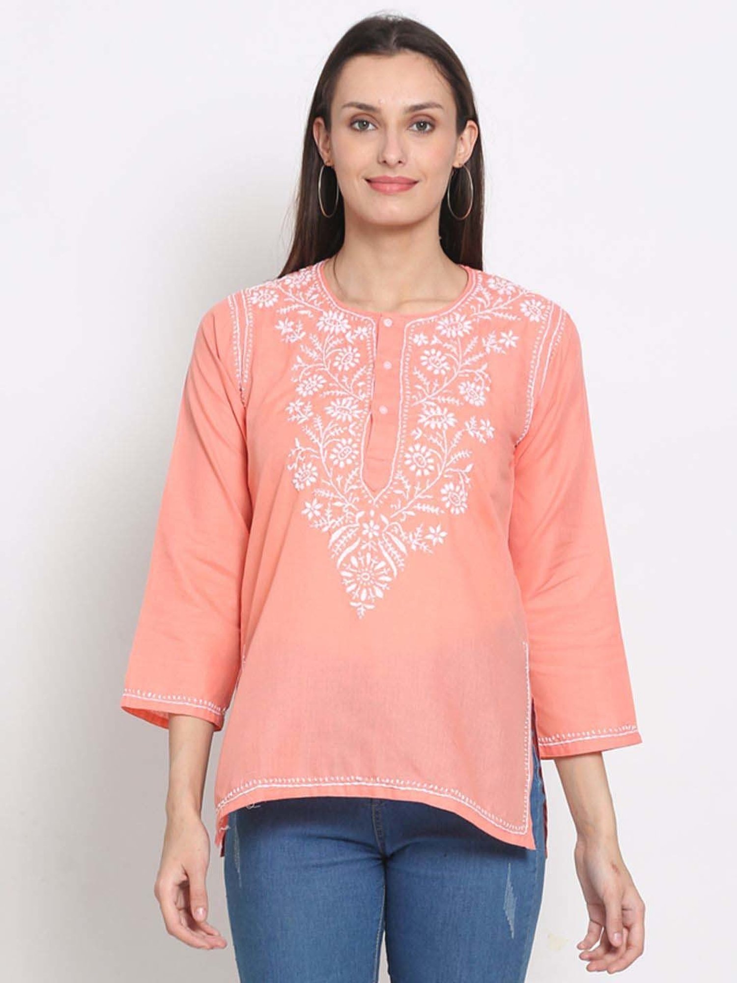 PARAMOUNT CHIKAN Peach Cotton Chikankari Straight Kurti