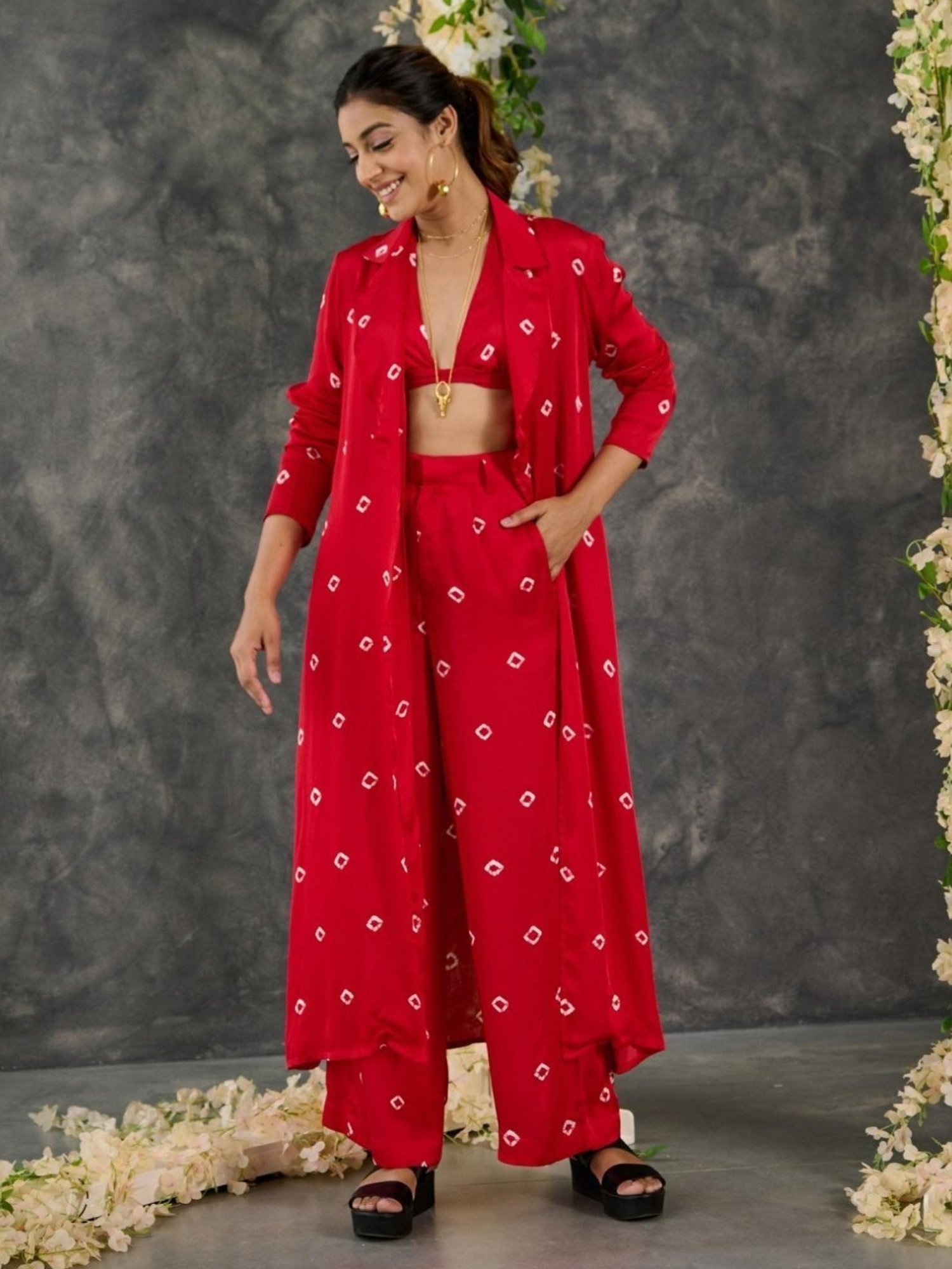 Gulaal Red Bandhani Modal Satin Shrug with Pant