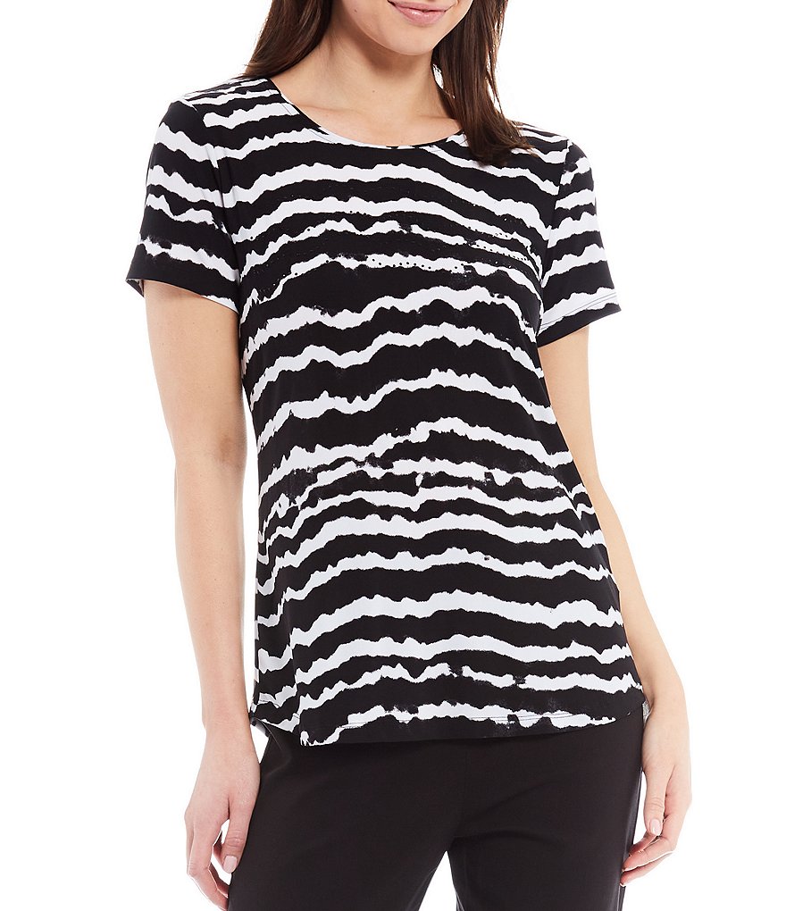 Allison Daley Petite Size Tie Dye Striped Embellished Detail Short Sleeve Top