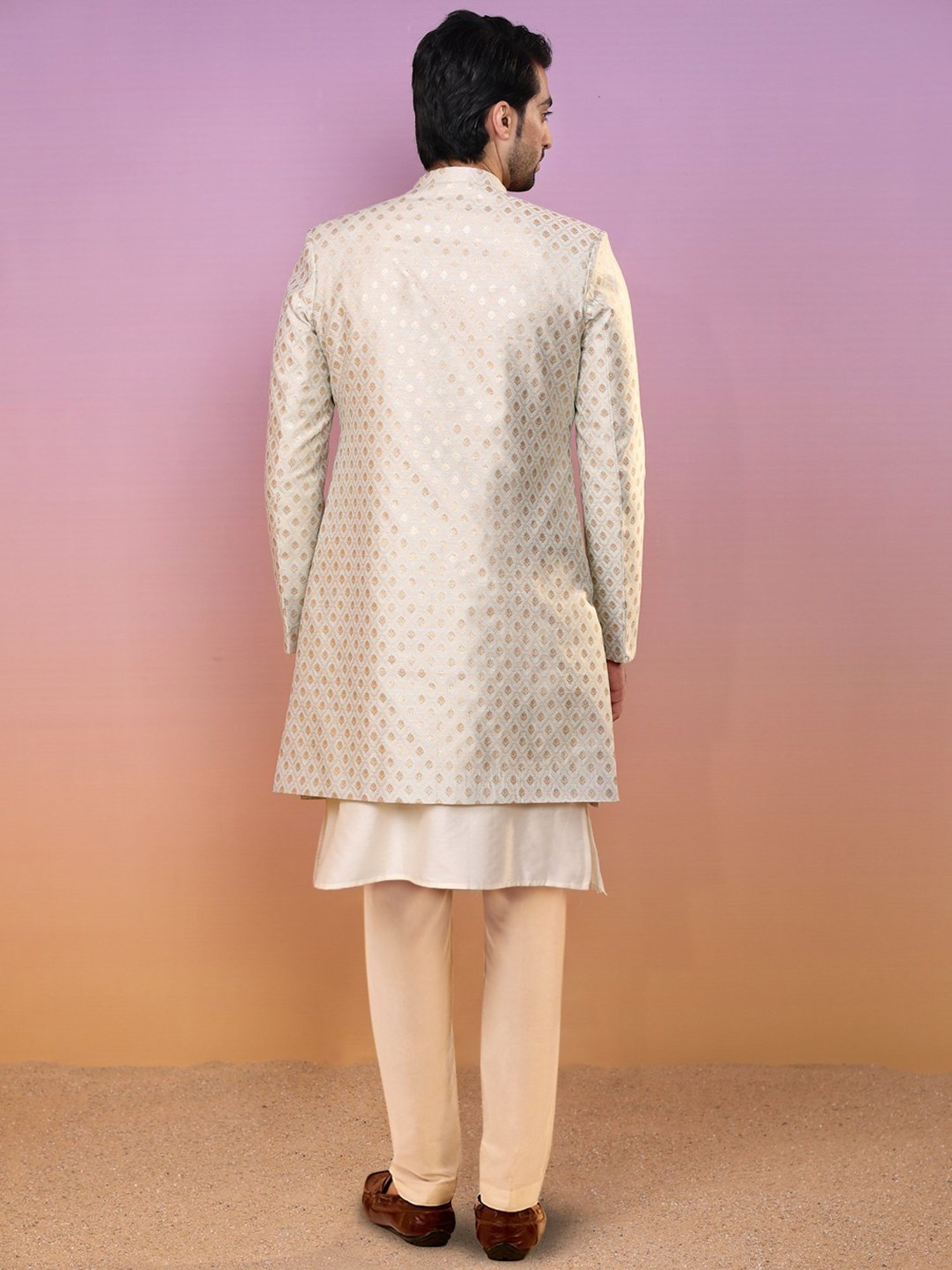 Kisah Beige Regular Fit Jacquard Sherwani Set