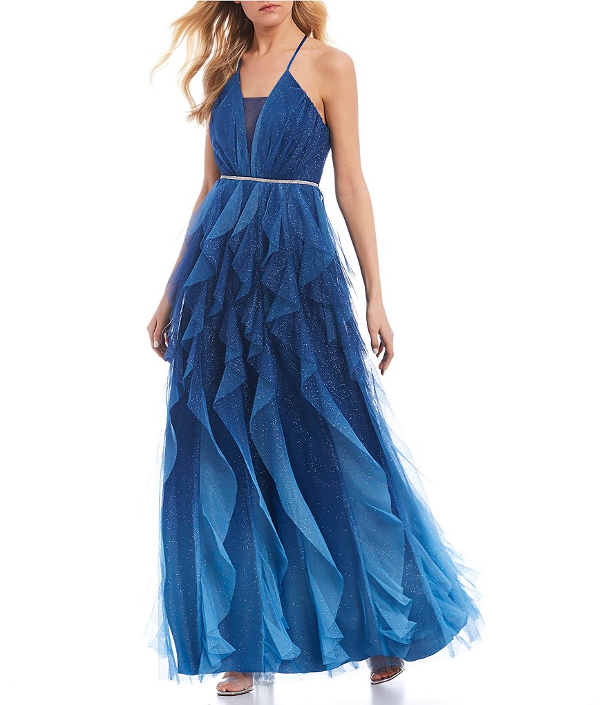 Teeze Me Halter Tie-Neck Lace-Up Back Ombre Corkscrew Dress