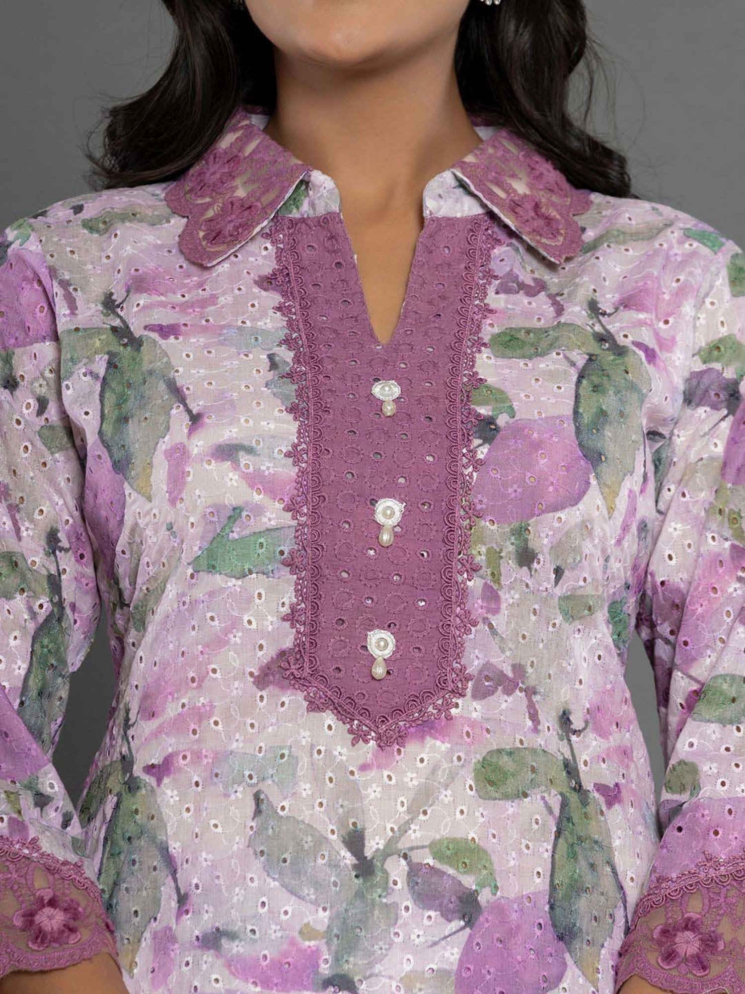 Yufta Purple Cotton Printed Tunic Pant Set