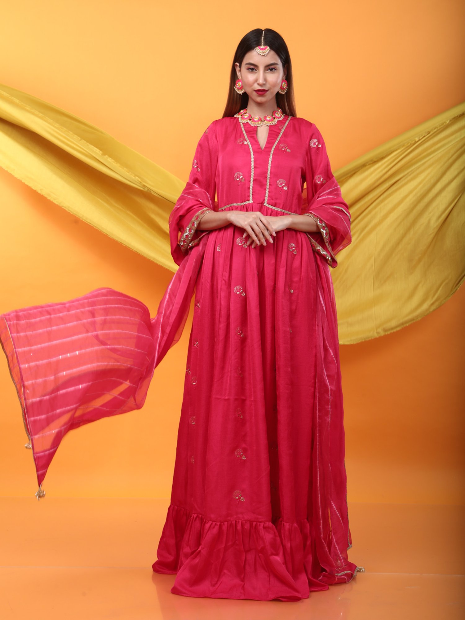 Monk & Mei Zunera Long Anarkali Kurta with Dupatta Set-Fuchsia Pink