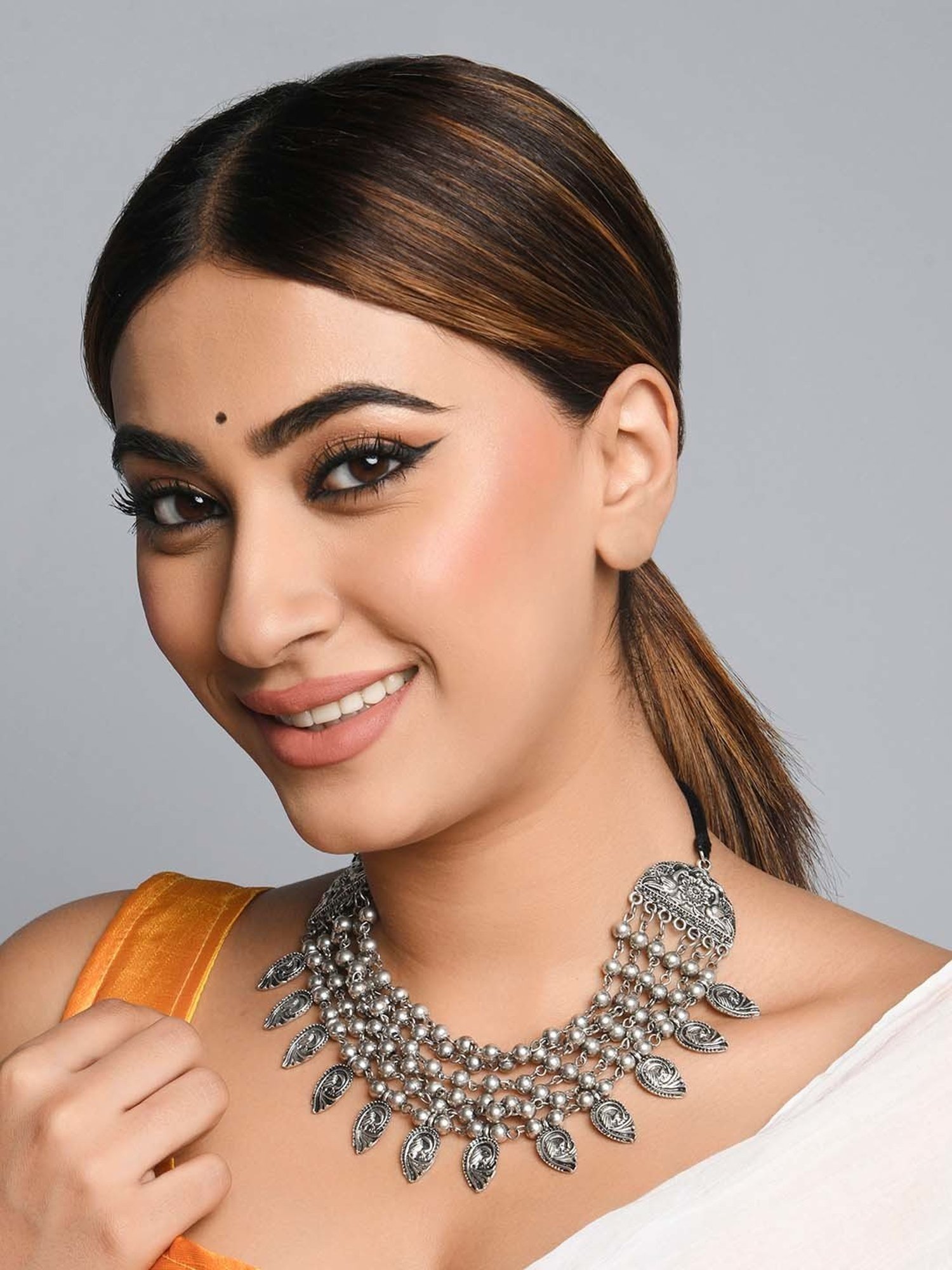 Fida Beaded Peacock Embossed Charm Silver Necklace