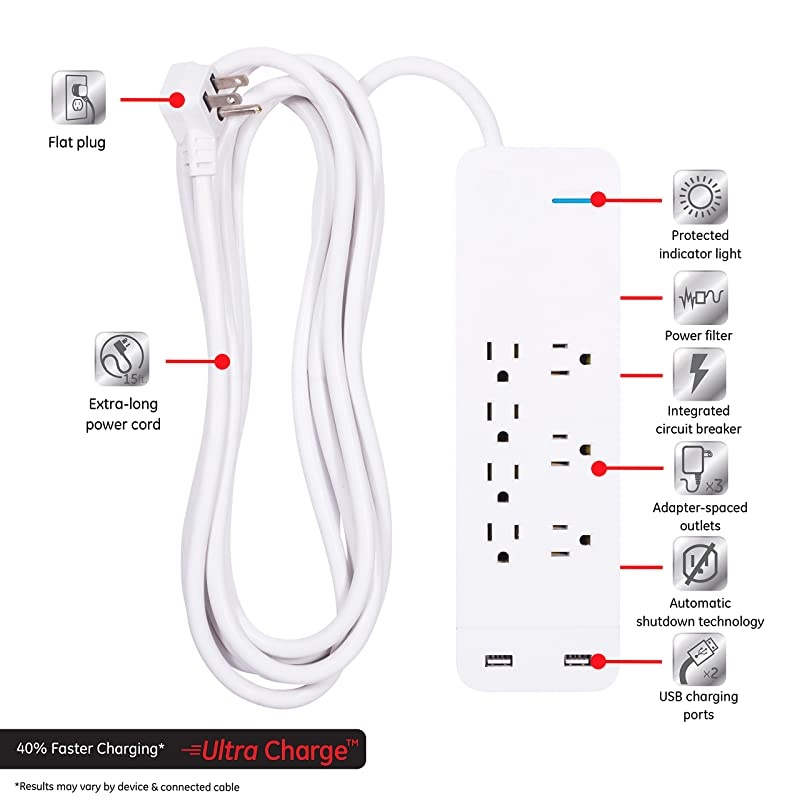 Power Strip Sur Protector with USB Charr 7 Outlets 2 USB Ports Fast Char Flat Plug Extra Long Power Cord 15 Feet Wall Mount Warranty White 36362