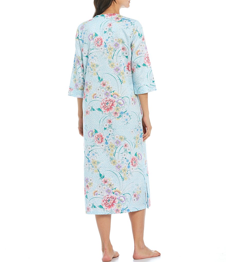 Miss Elaine Floral Print Side Slit Sateen Zip-Front Long Robe