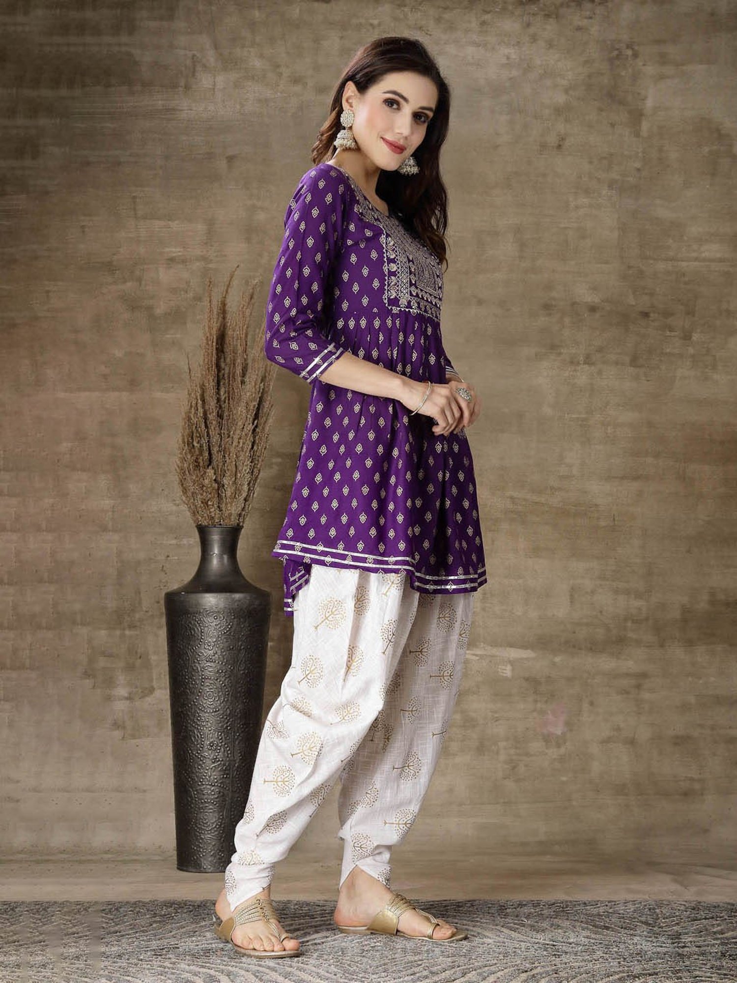 Stylum Violet Rayon Embroidered Kurti With Dhoti Pants