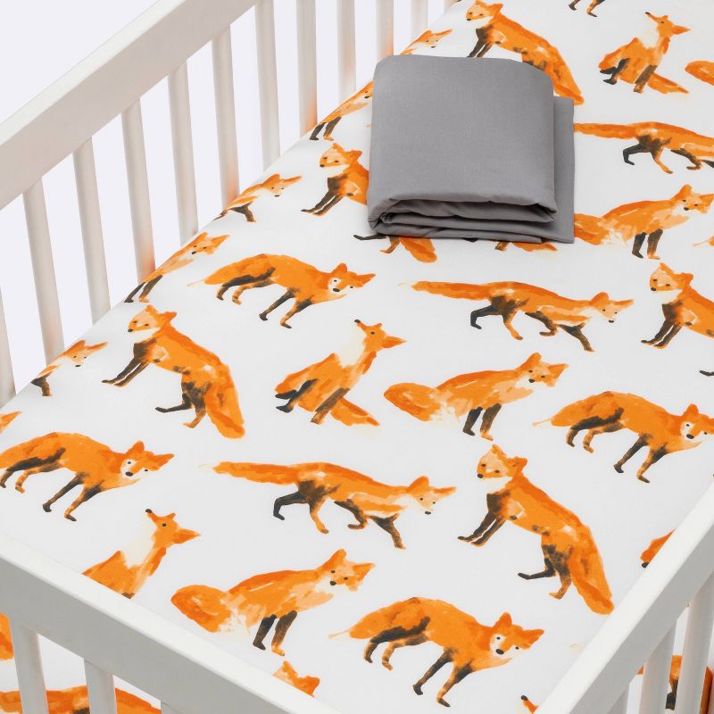 Crib Fitted Sheets Fox and Gray Solid - Cloud Island™ Gray/Orange/White 2pk