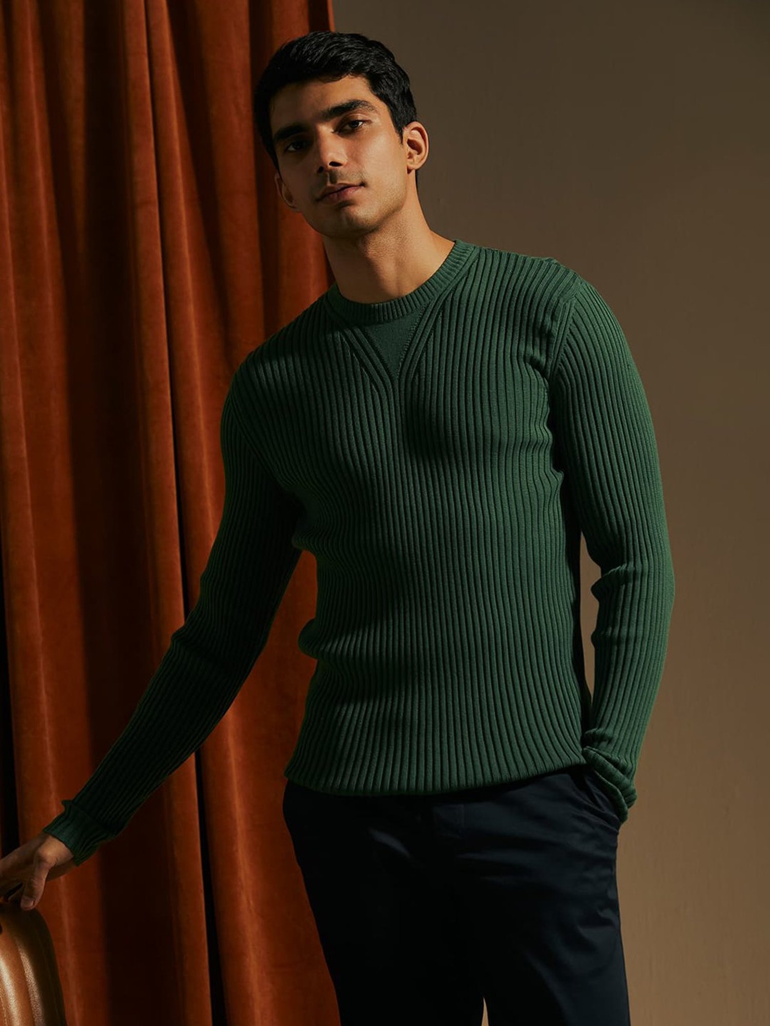 ANDAMEN Green Regular Fit Striped Cotton Sweater