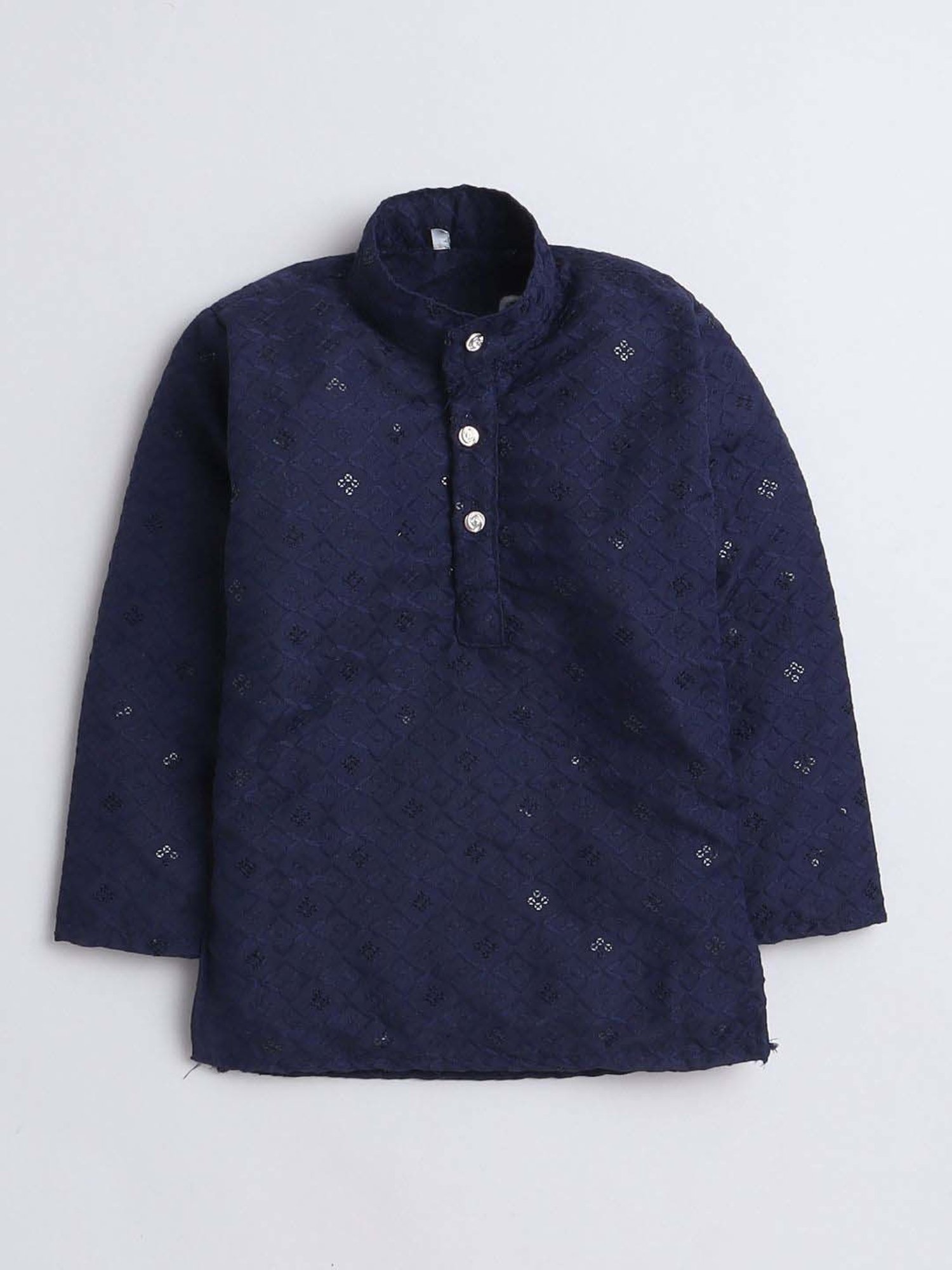 Fourfolds Boys Navy Blue Cotton Embroidery Full Sleeves Kurta Set